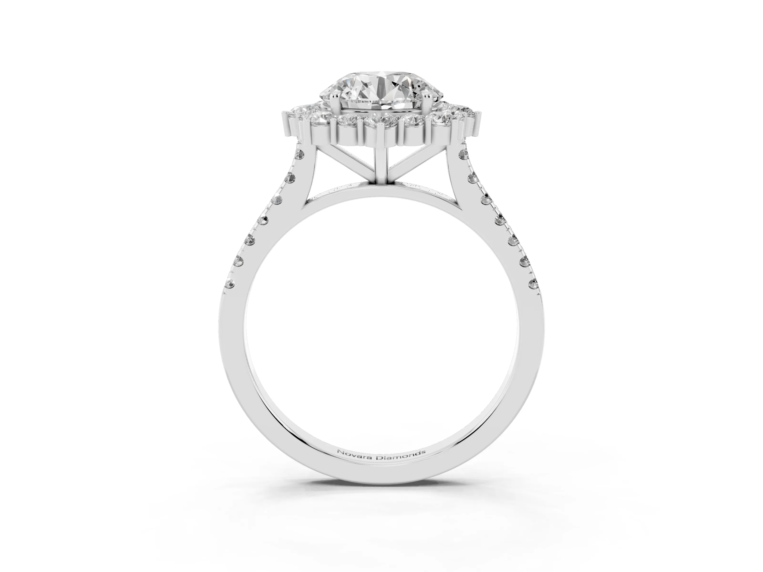Round Cut Diamond Halo Ring Set in Silver with Pavé Band and Prong Setting