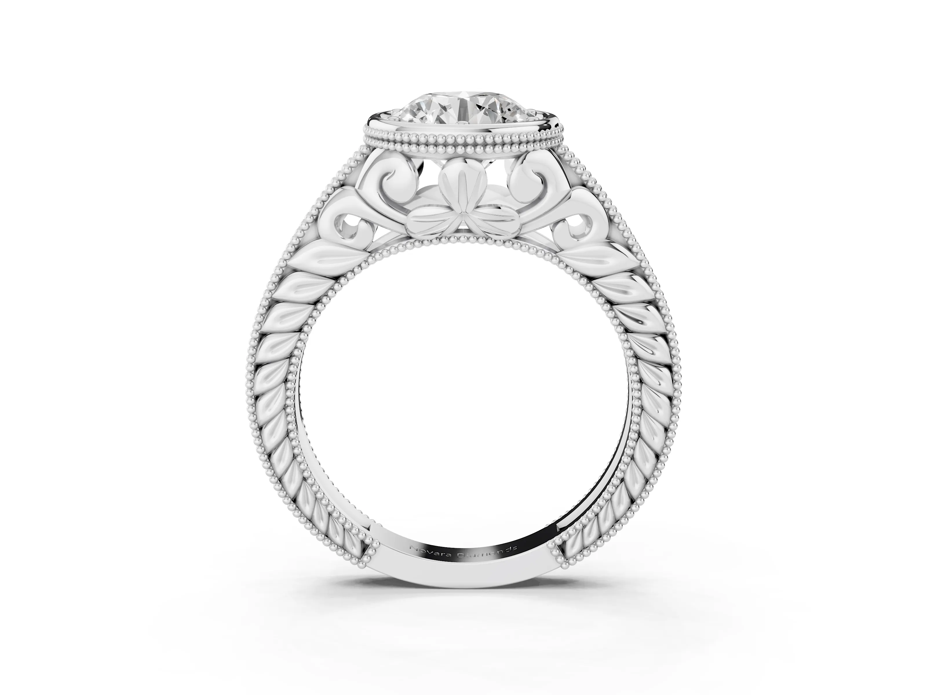 Bezel Set Round Cut Diamond Milgrain Pavé Engagement Ring Set in Silver