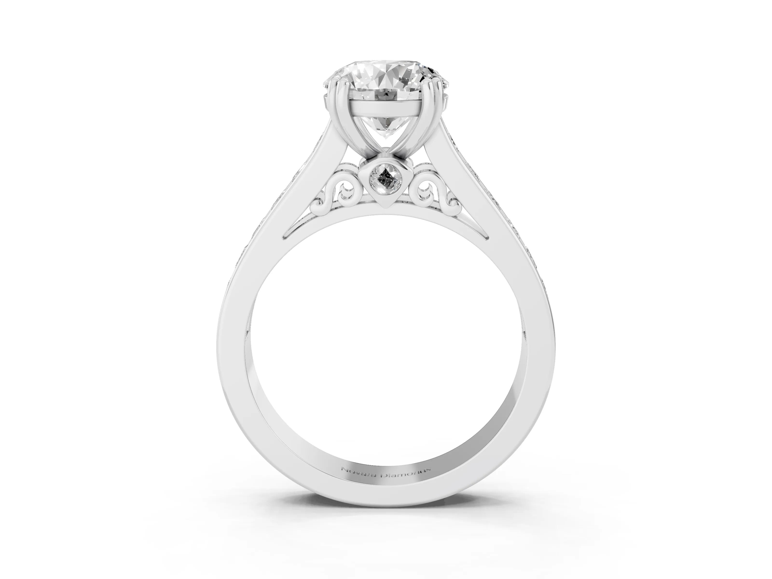 Round Cut Diamond Channel Set Solitaire Engagement Ring Set in Silver with Prong Setting