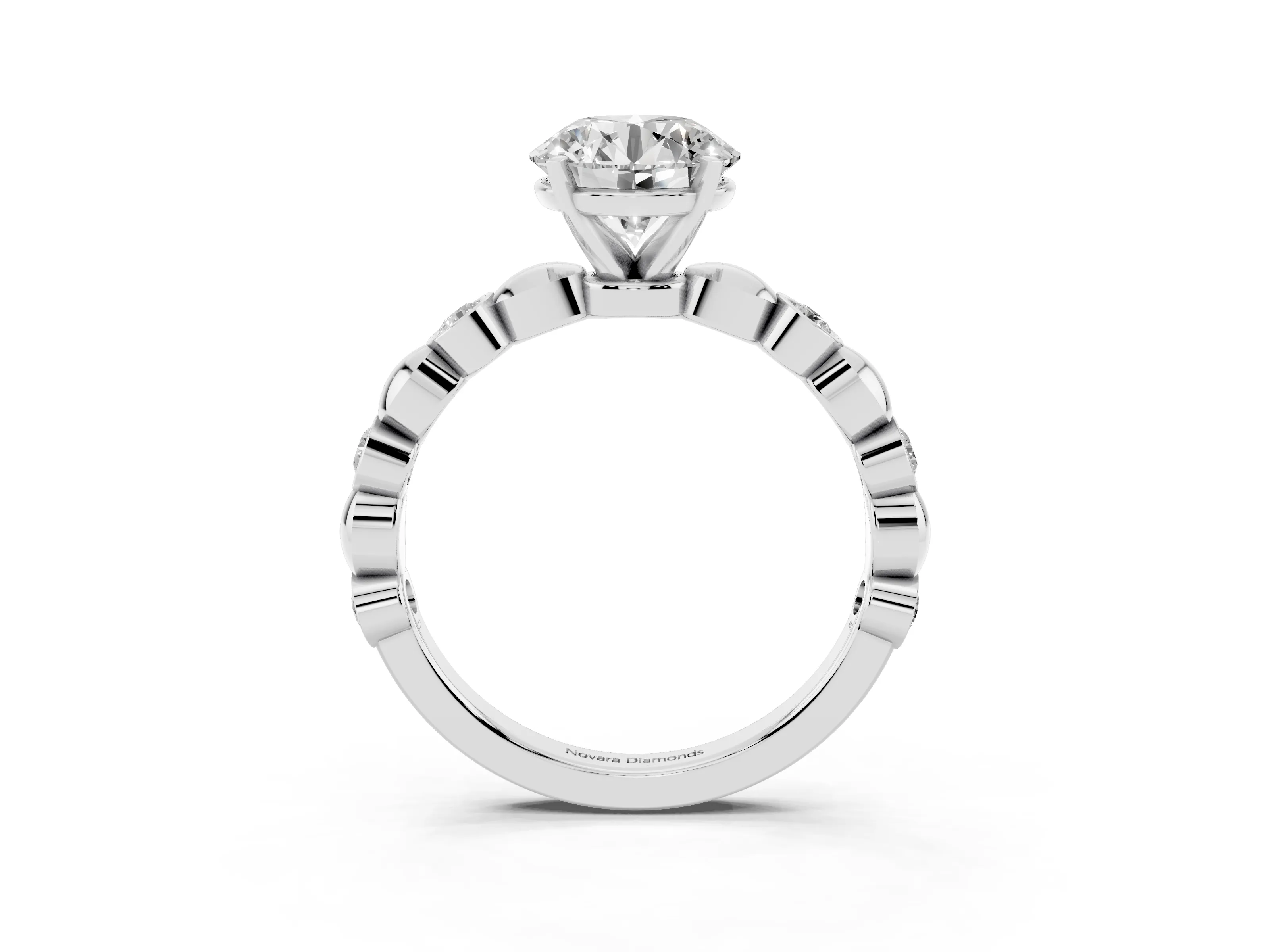 Round Cut Diamond Solitaire Ring Set in Platinum with Bezel-Set Accents on Beaded Band and Prong Setting