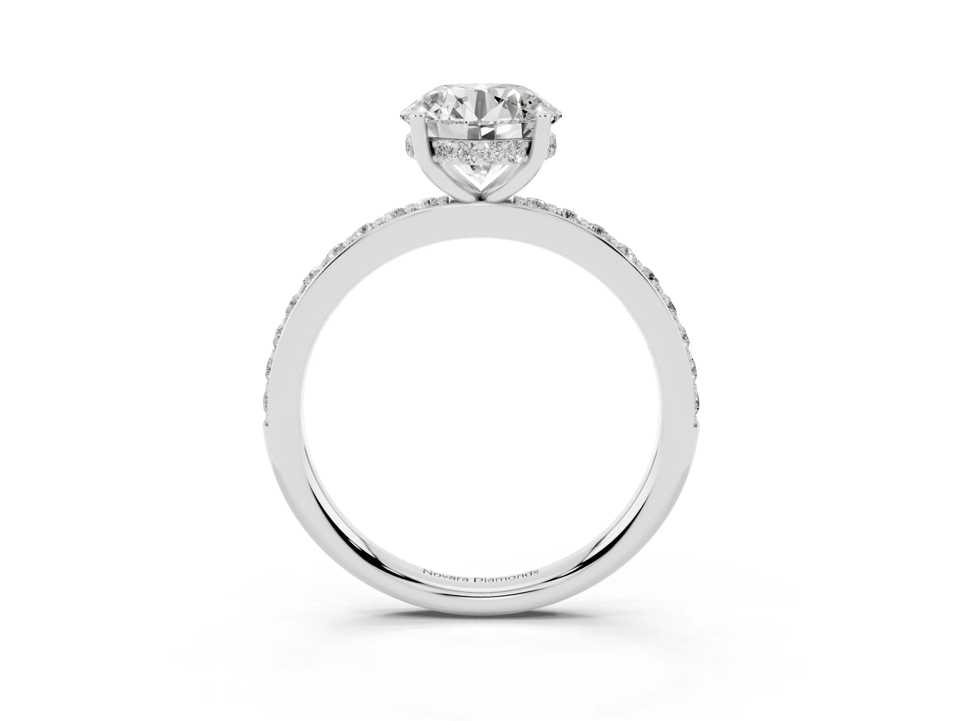 Round Cut Diamond Pavé Band Ring Set in Platinum with Prong-Set Center Stone