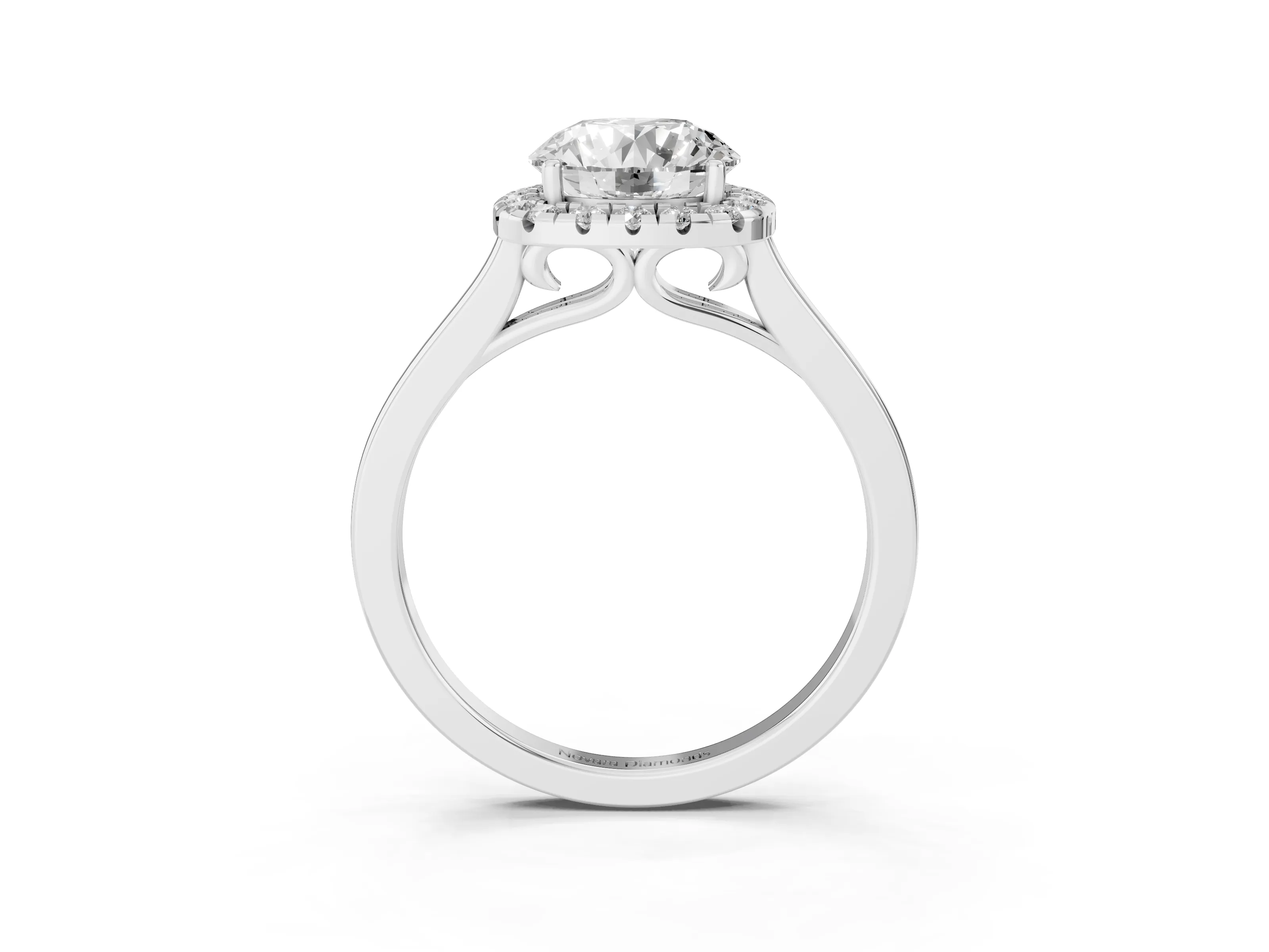 Round Cut Halo Round Diamond Solitaire Ring Set in White gold with Pavé Band and Prong Setting
