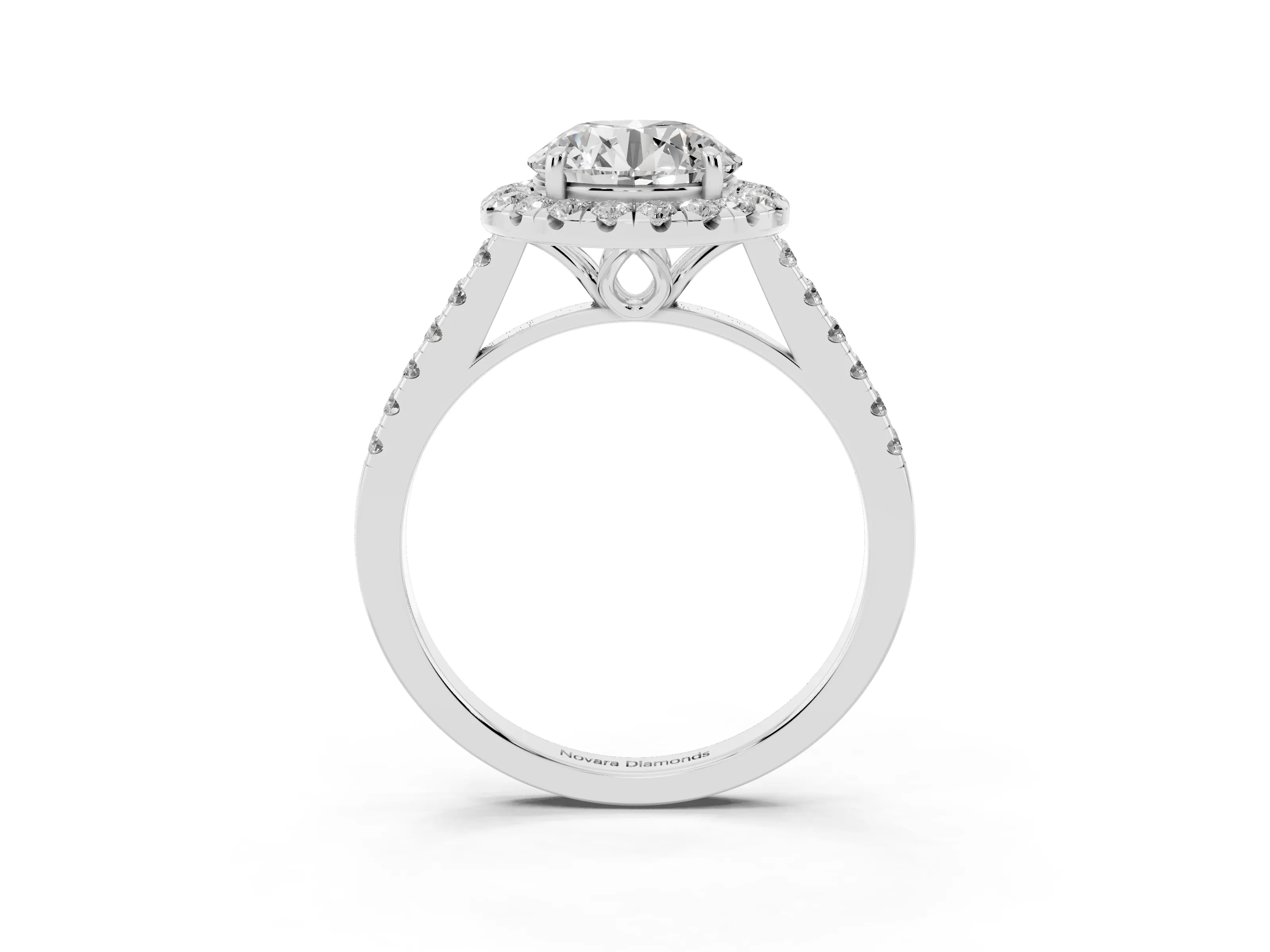 Round Cut Diamond Pavé Halo Engagement Ring Set in White gold with Pavé Band and Prong Setting