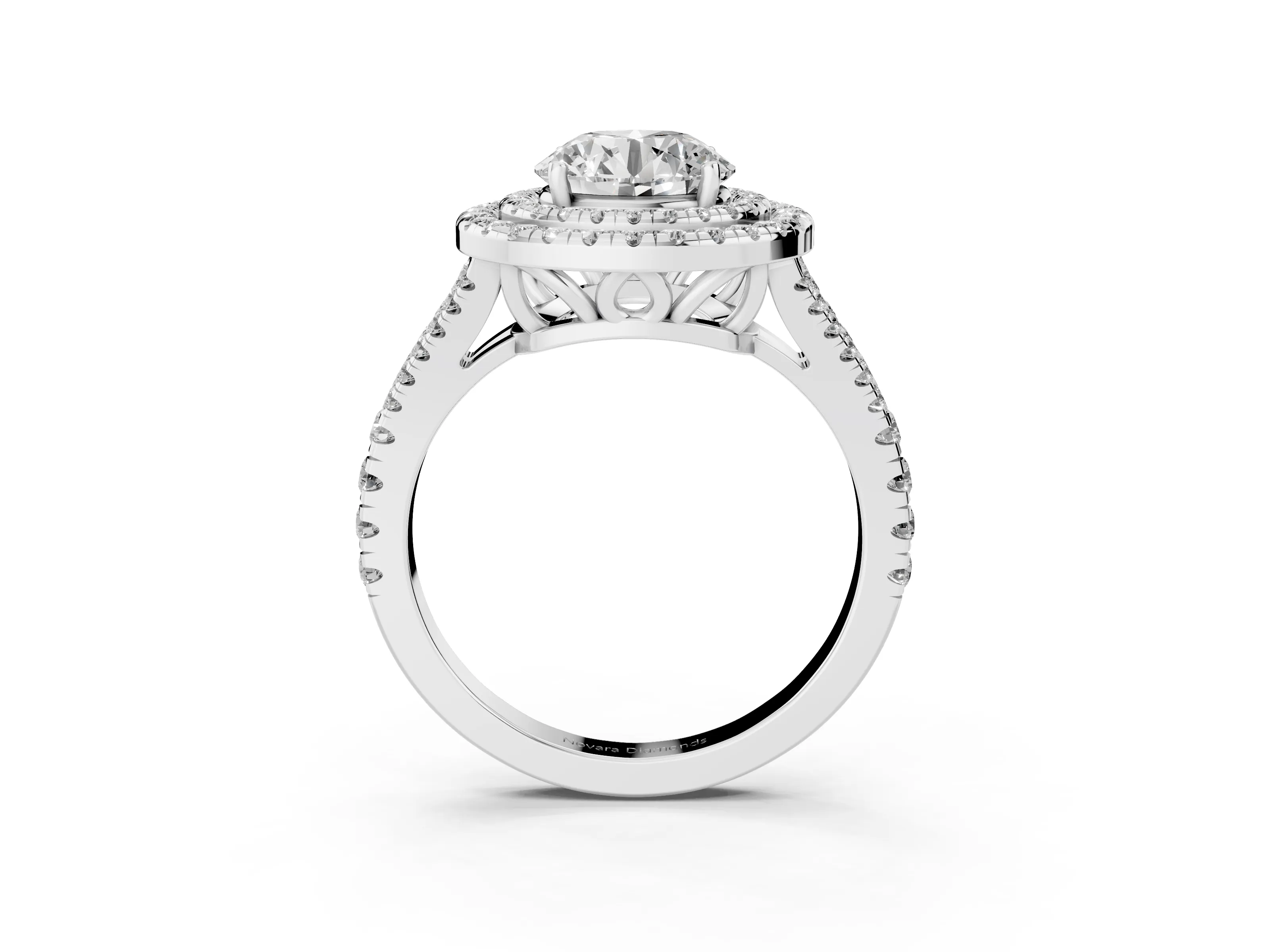 Round Cut Diamond Double Halo Ring Set in Silver with Pavé Band
