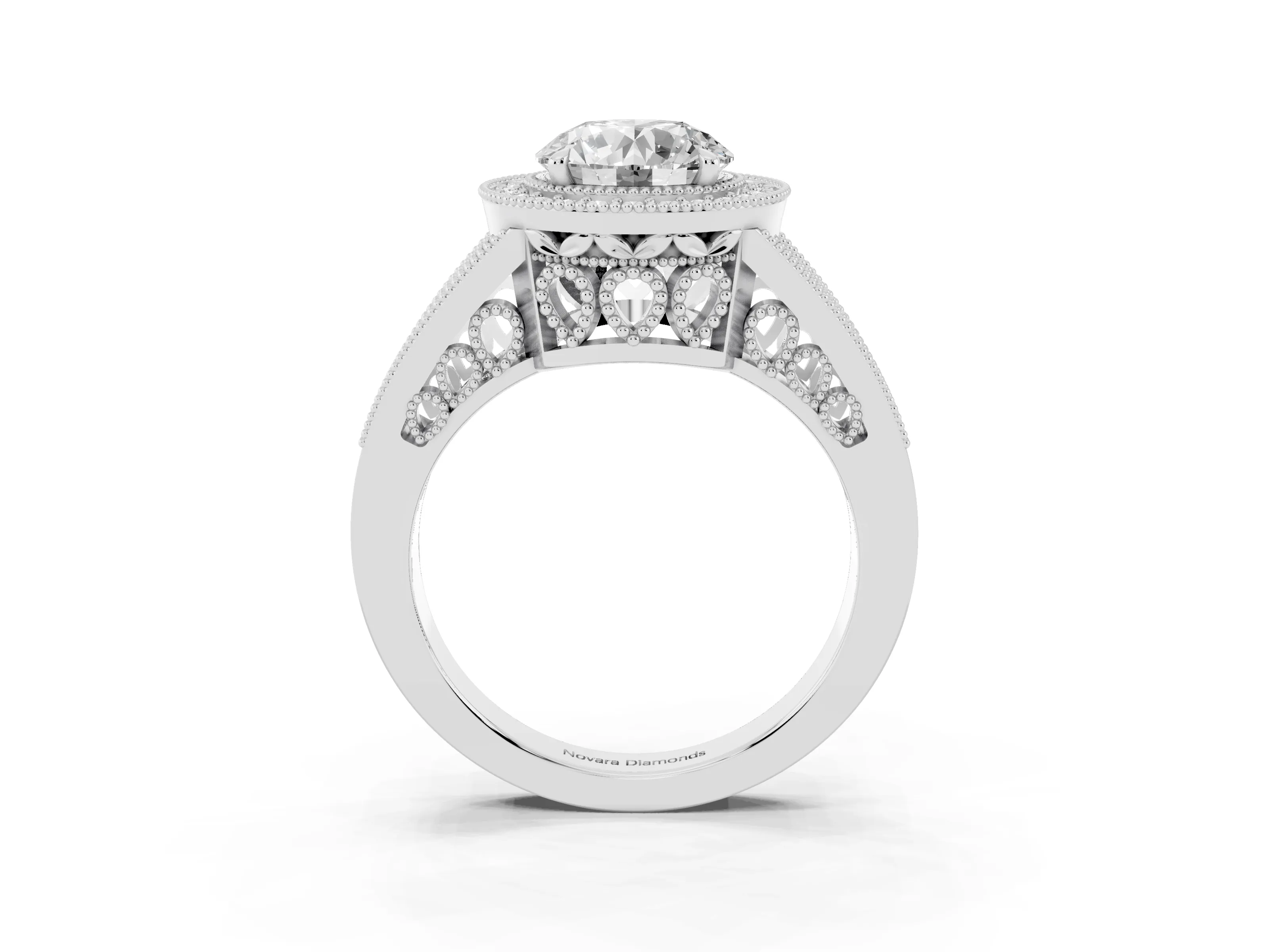 Round Cut Diamond Halo Ring Set in Silver with Stone-Set Split Shank and Milgrain Edges