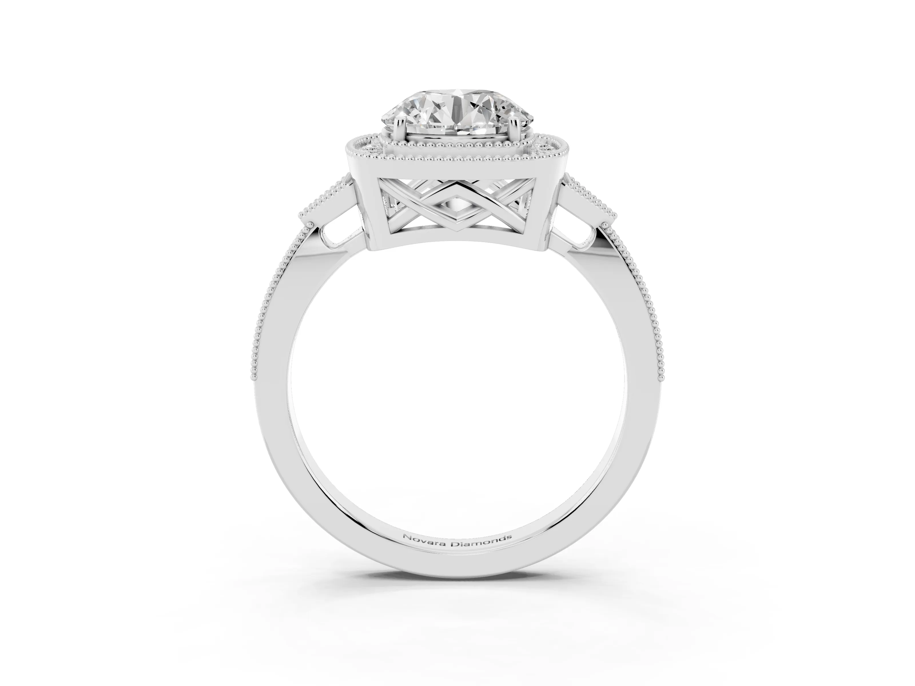 Round Cut Diamond Halo Engagement Ring Set in White gold with Milgrain Pavé Band