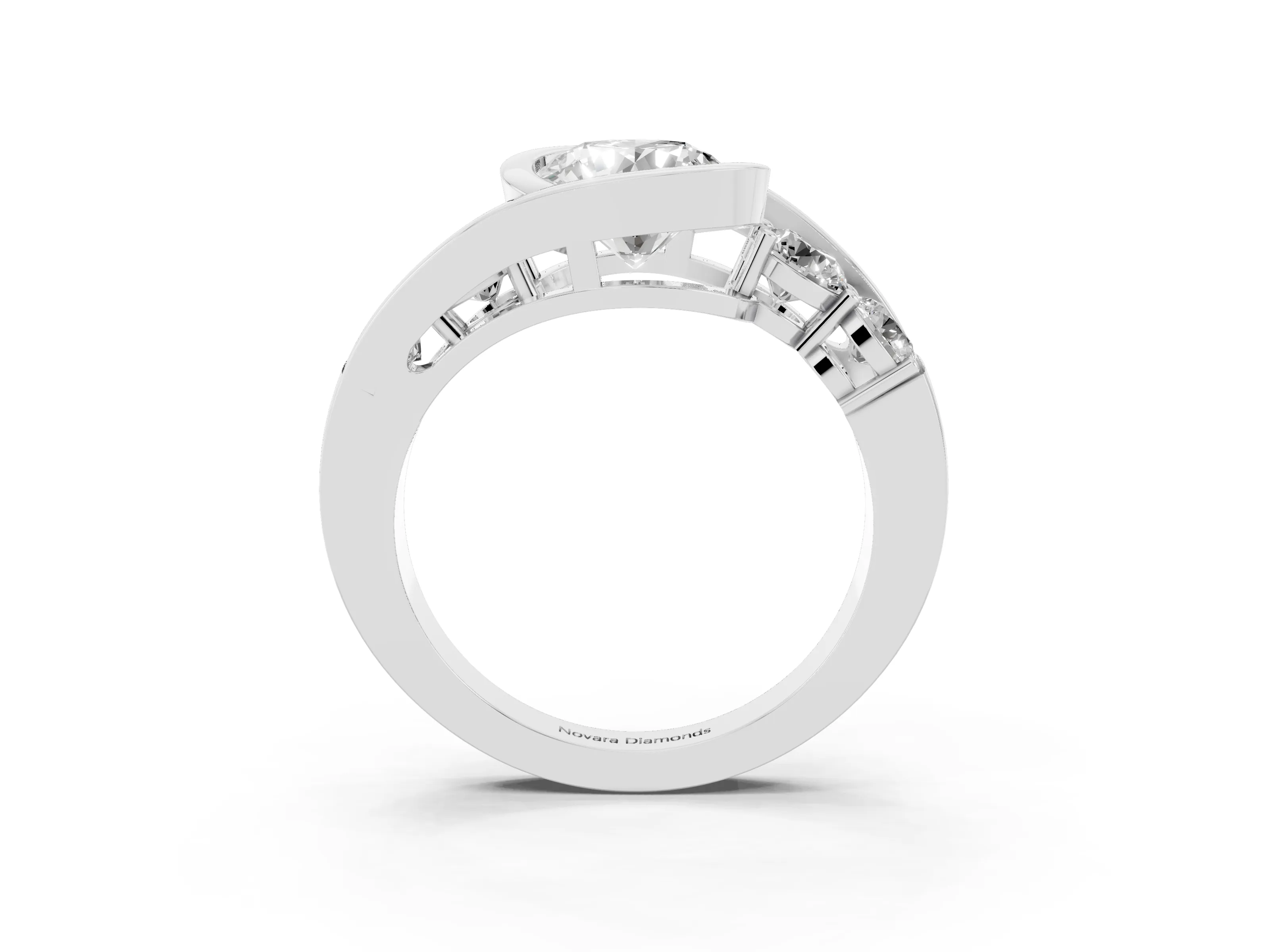 Round Cut Diamond Bezel Bypass Ring Set in Silver with Round Accents