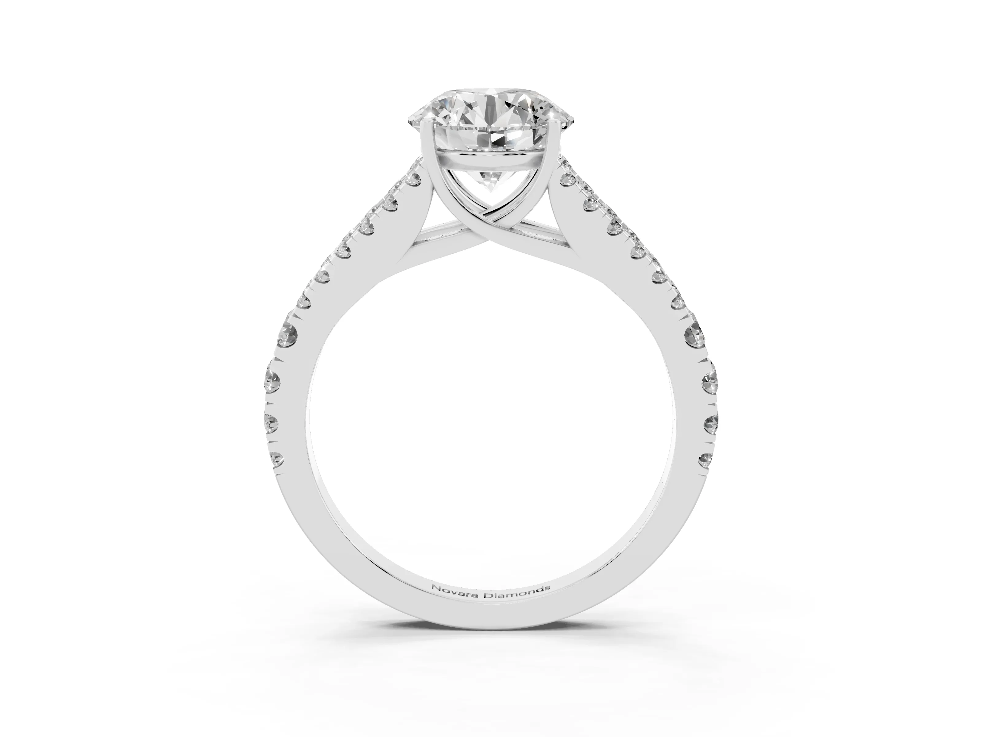 Round Cut Diamond Split Shank Pavé Engagement Ring Set in White gold with Prong-Held Center Stone