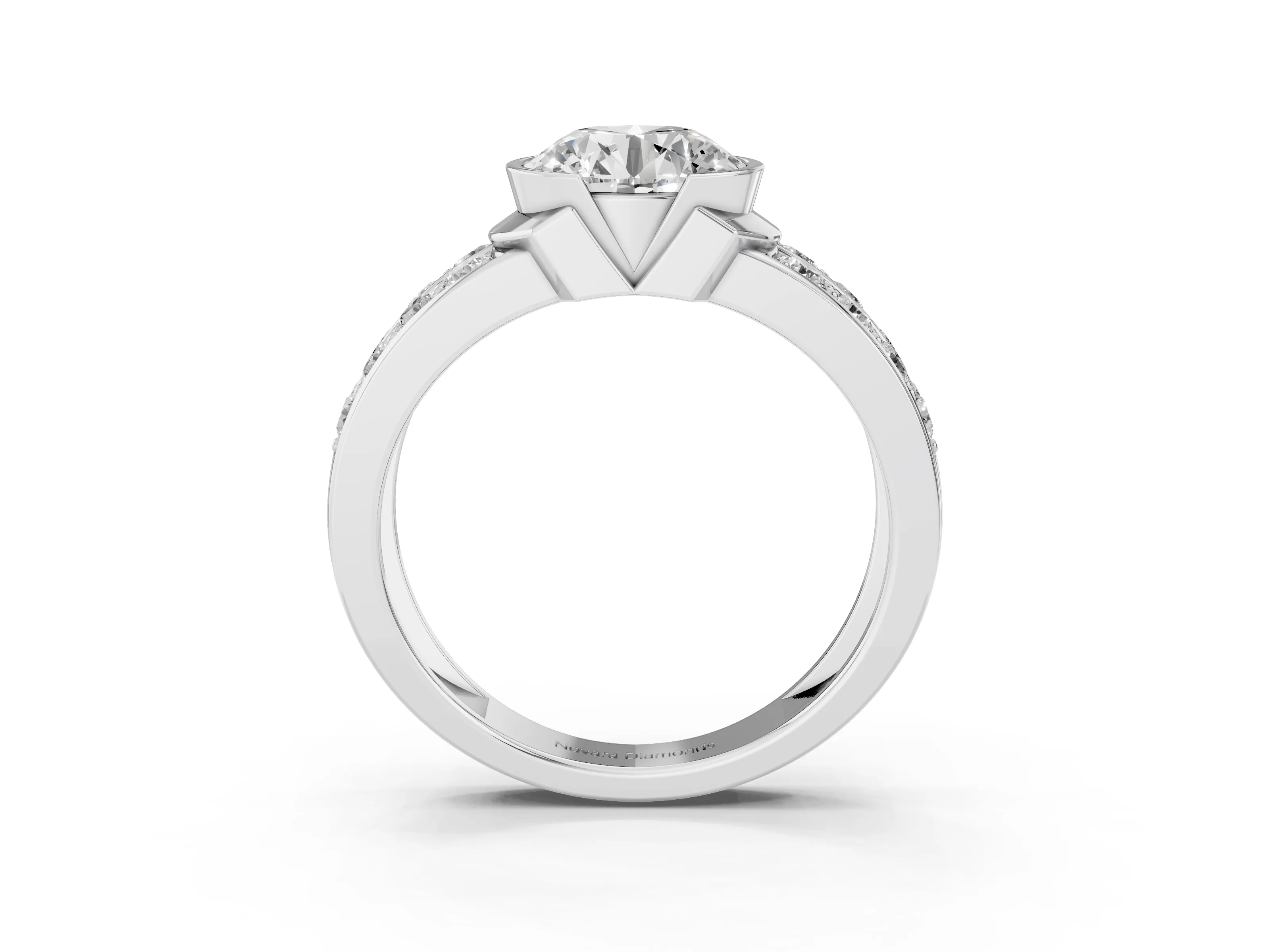 Round Cut Diamond Wide Channel Set Band Ring Set in White gold with Bezel Setting