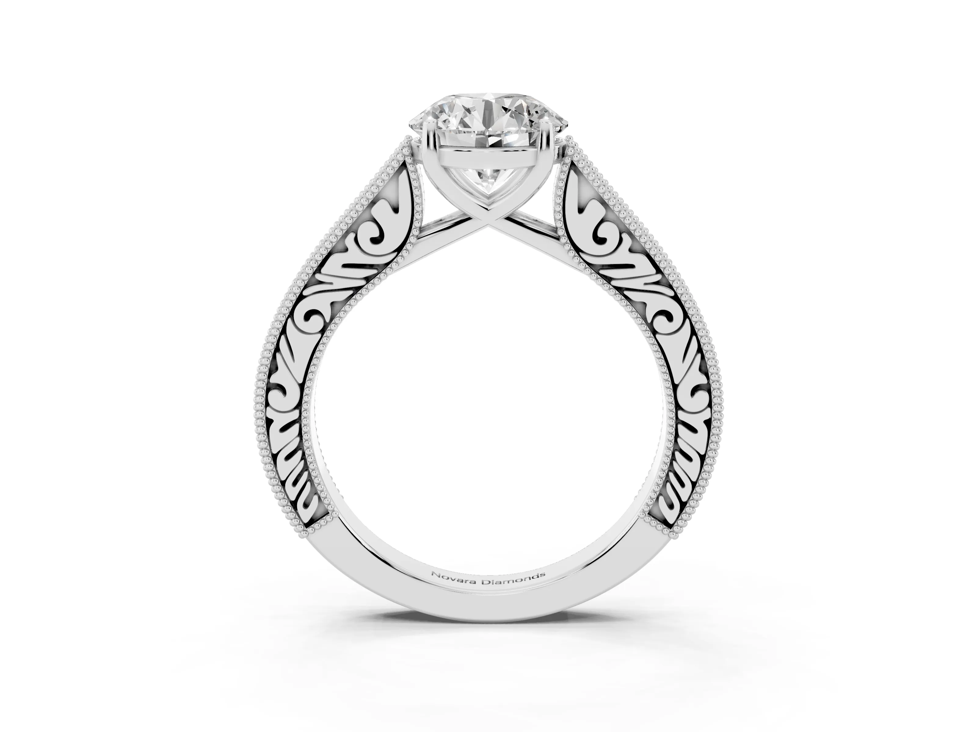 Round Cut Diamond Milgrain Pavé Band Solitaire Ring Set in Silver with Prong Setting