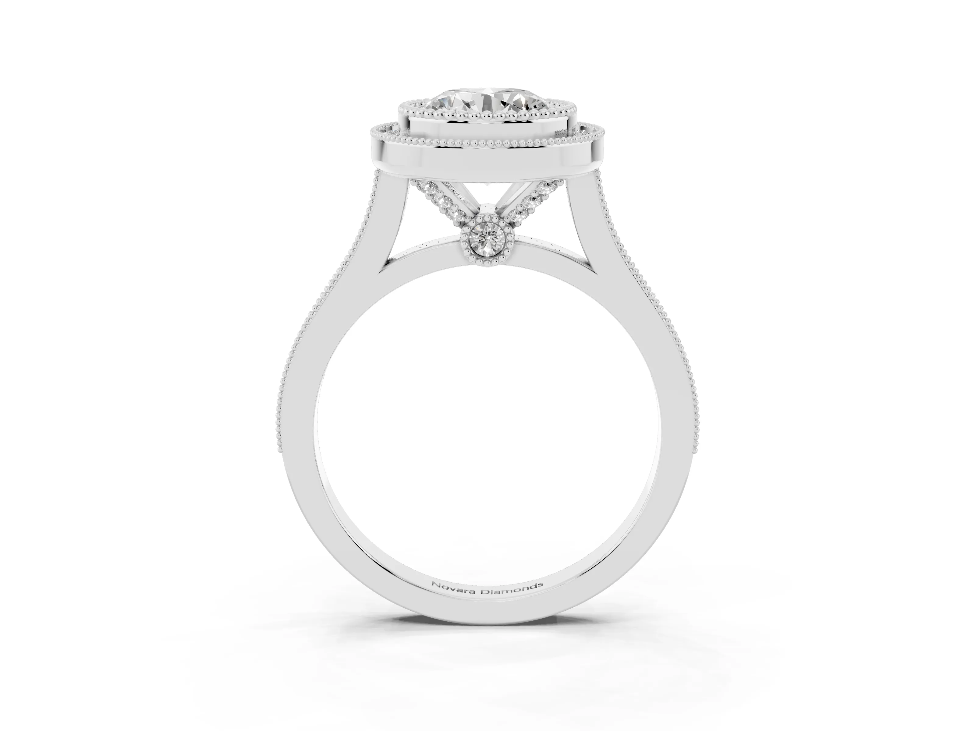 Round Cut Diamond Halo Ring Set in Platinum with Milgrain Frame and Pavé Band