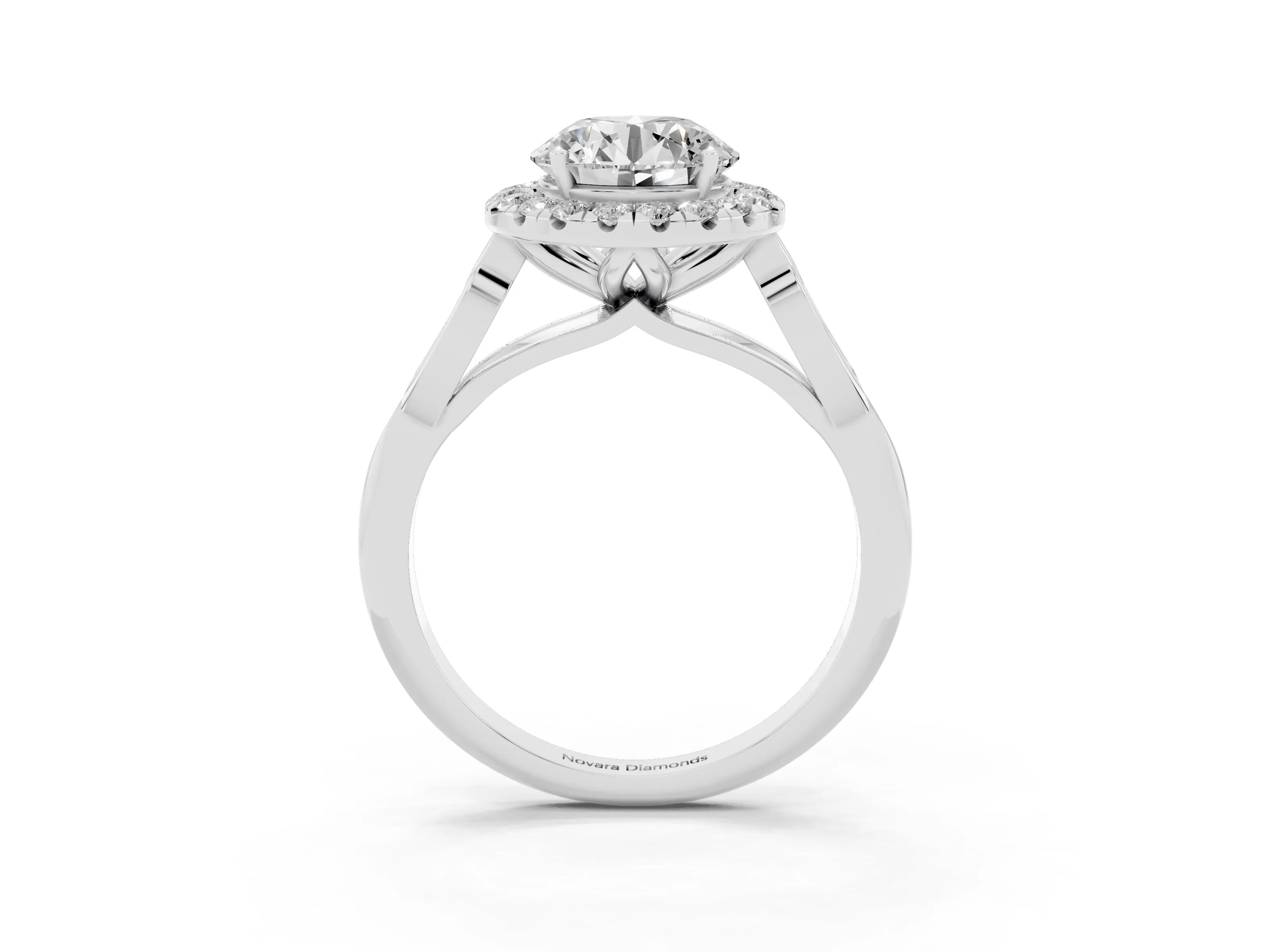 Round Cut Diamond Halo Engagement Ring Set in White gold with Filigree Band and Prong-Set Center
