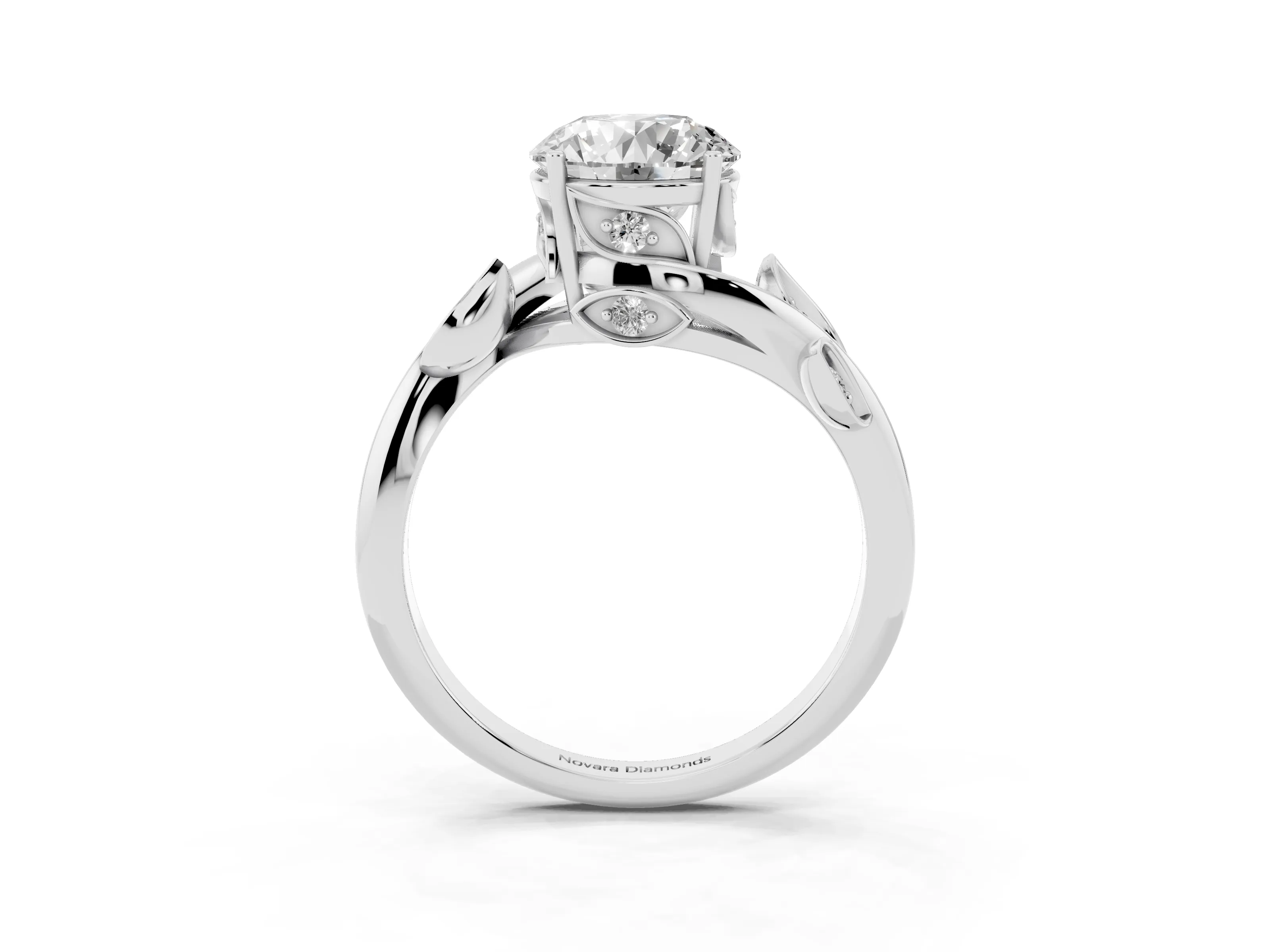 Round Cut Diamond Solitaire Twist Engagement Ring Set in Platinum with Pavé Leaf Accents