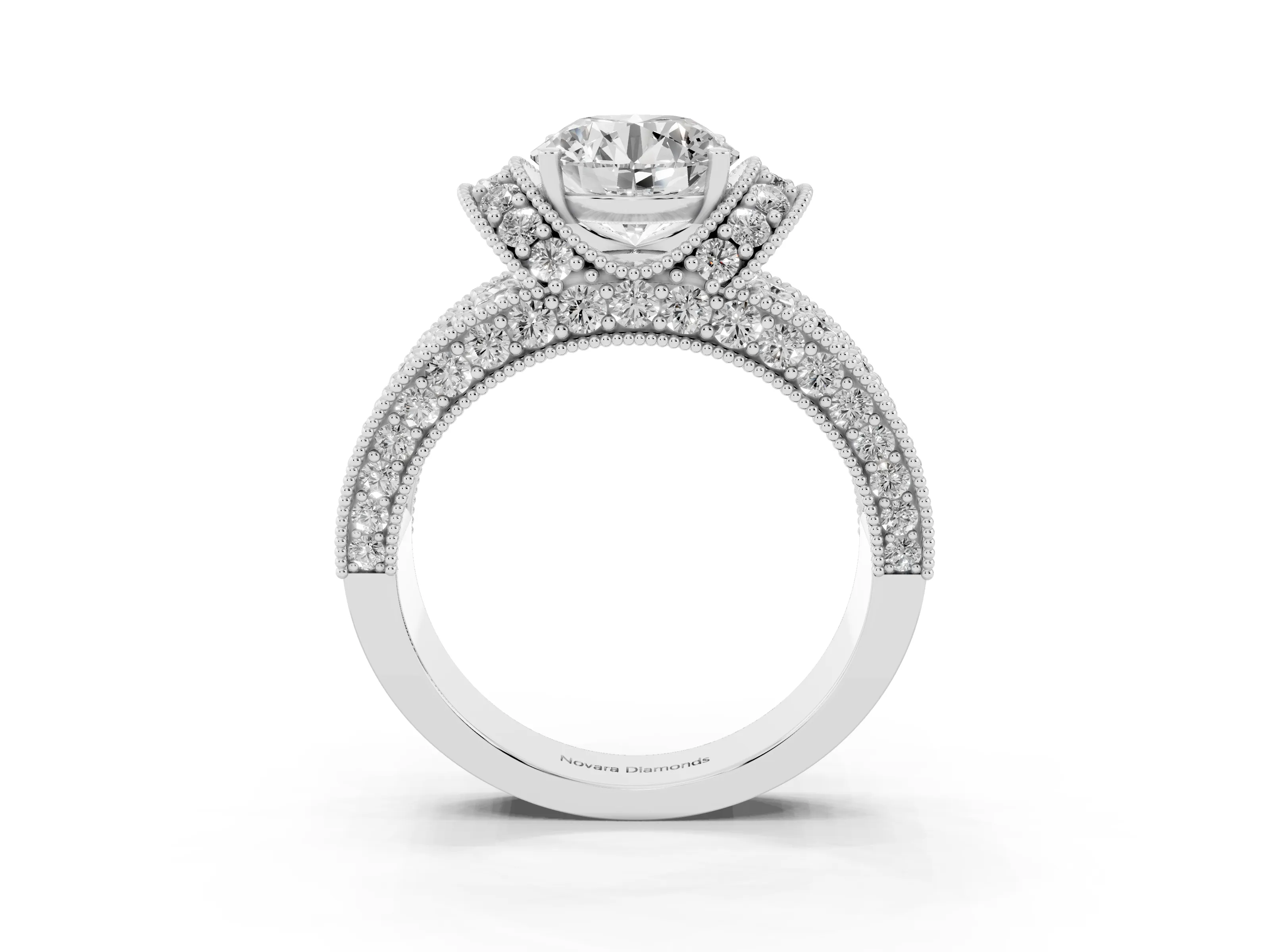 Round Cut Diamond Milgrain Halo Pavé Engagement Ring Set in White gold with Prong Setting