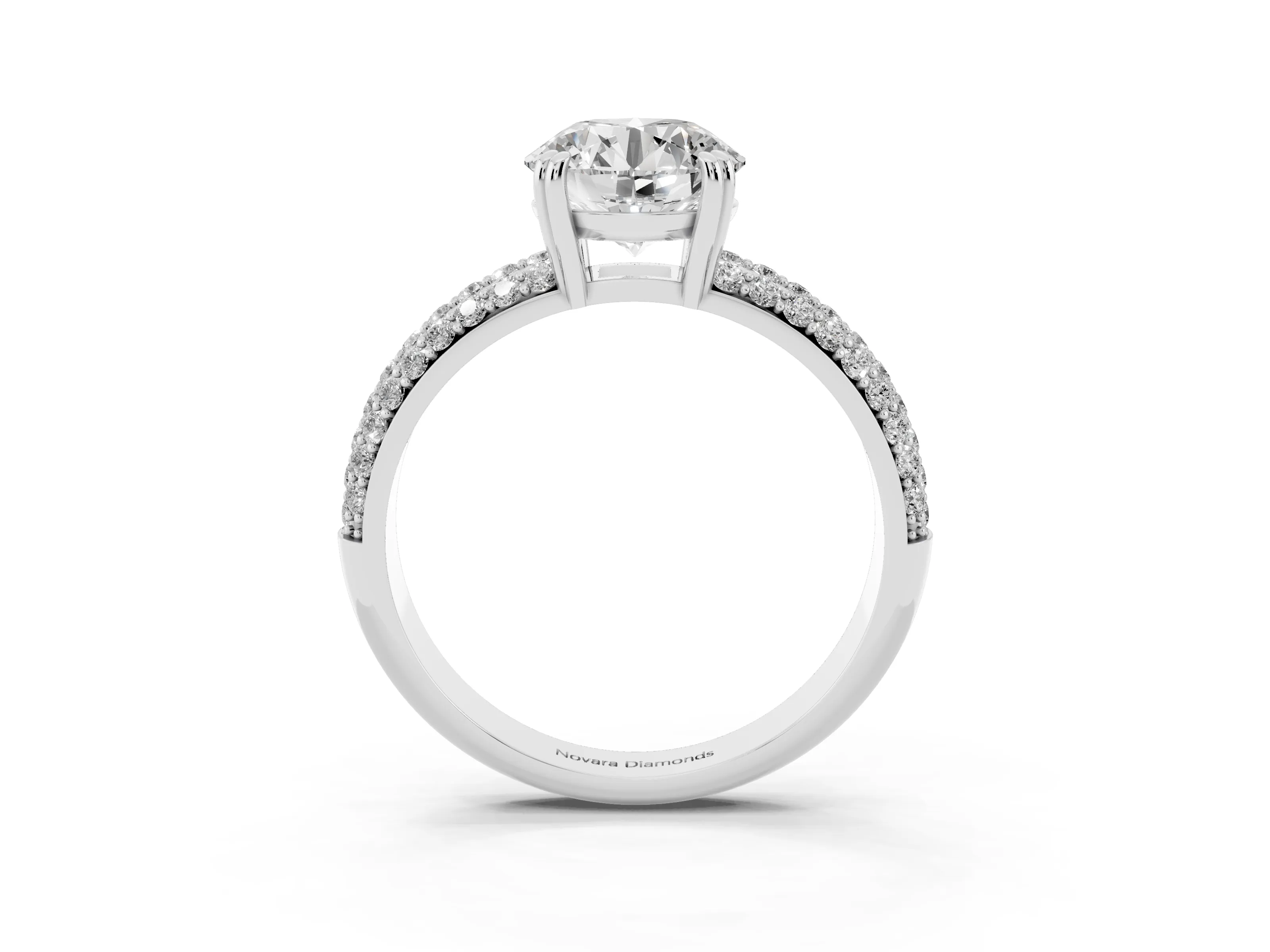 Round Cut Diamond Solitaire Ring Set in Platinum with Multi-Row Round Pavé Band and Prong Setting