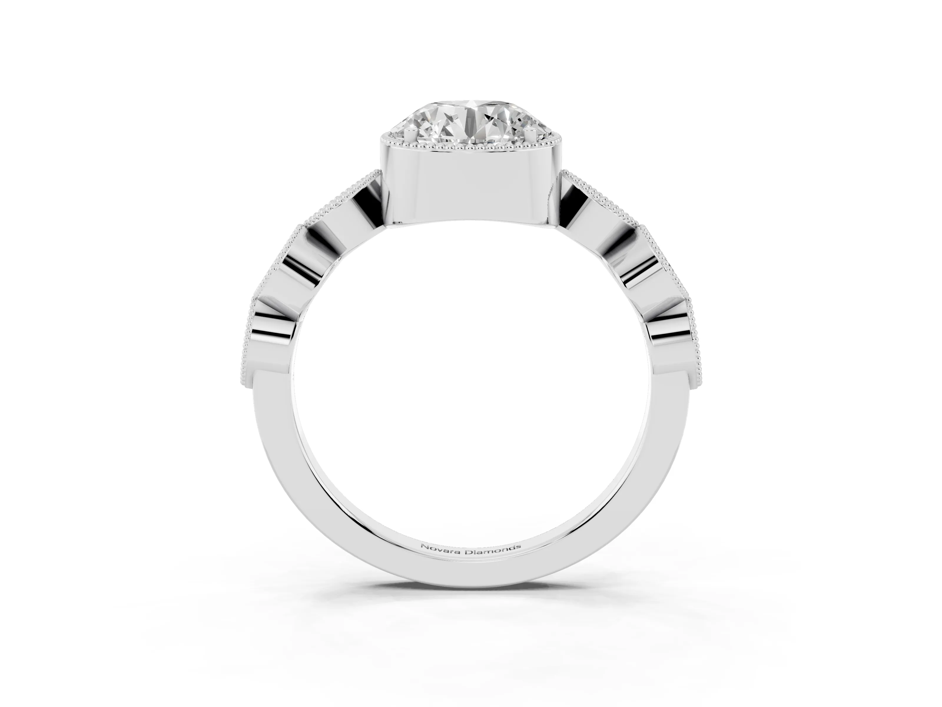 Round Cut Diamond Vintage-Inspired Milgrain Ring Set in Platinum with Marquise Stations of Round Accents