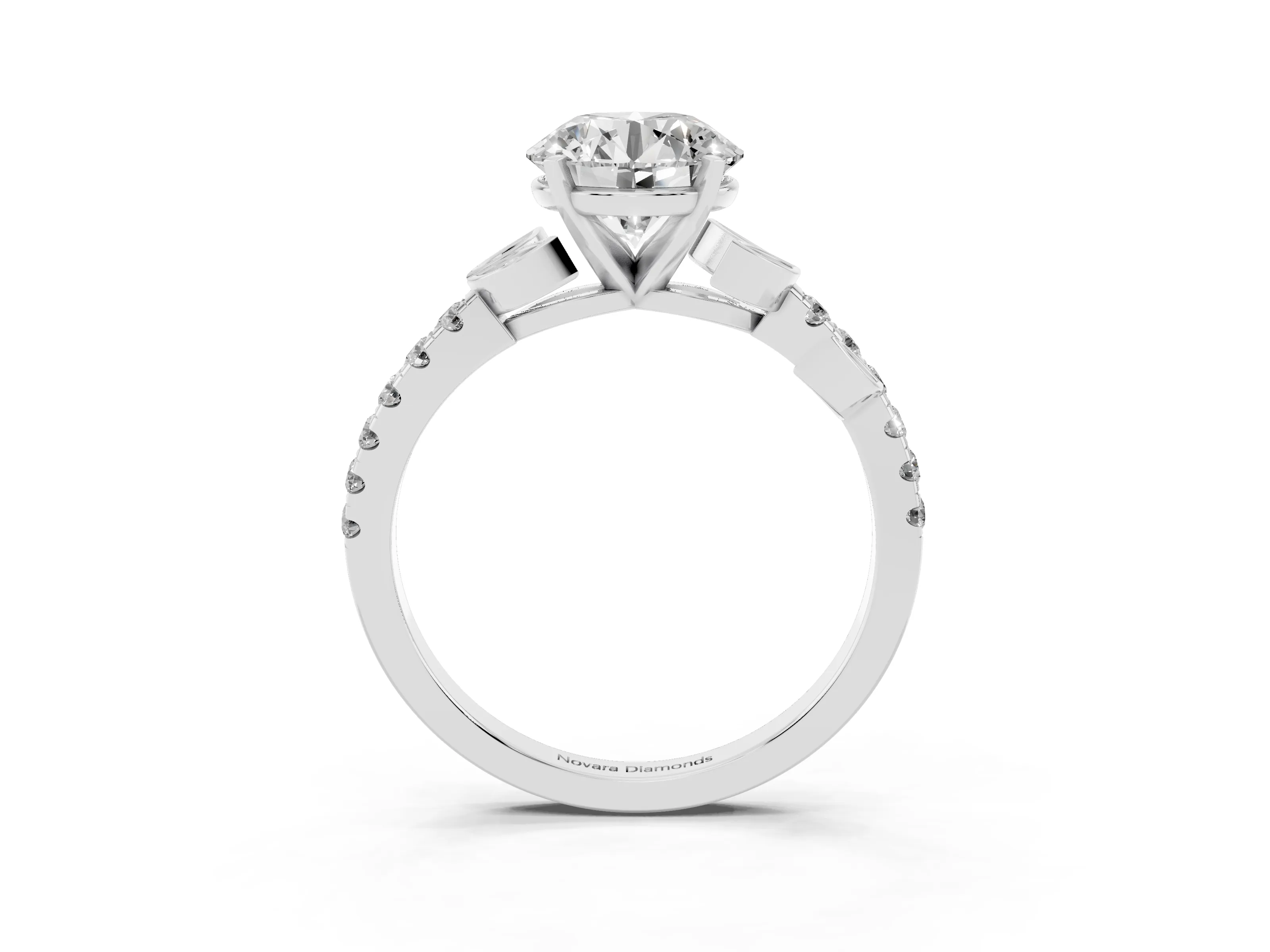 Round Cut Diamond Solitaire Leaf-Inspired Ring Set in Platinum with Pavé Band and Prong Setting