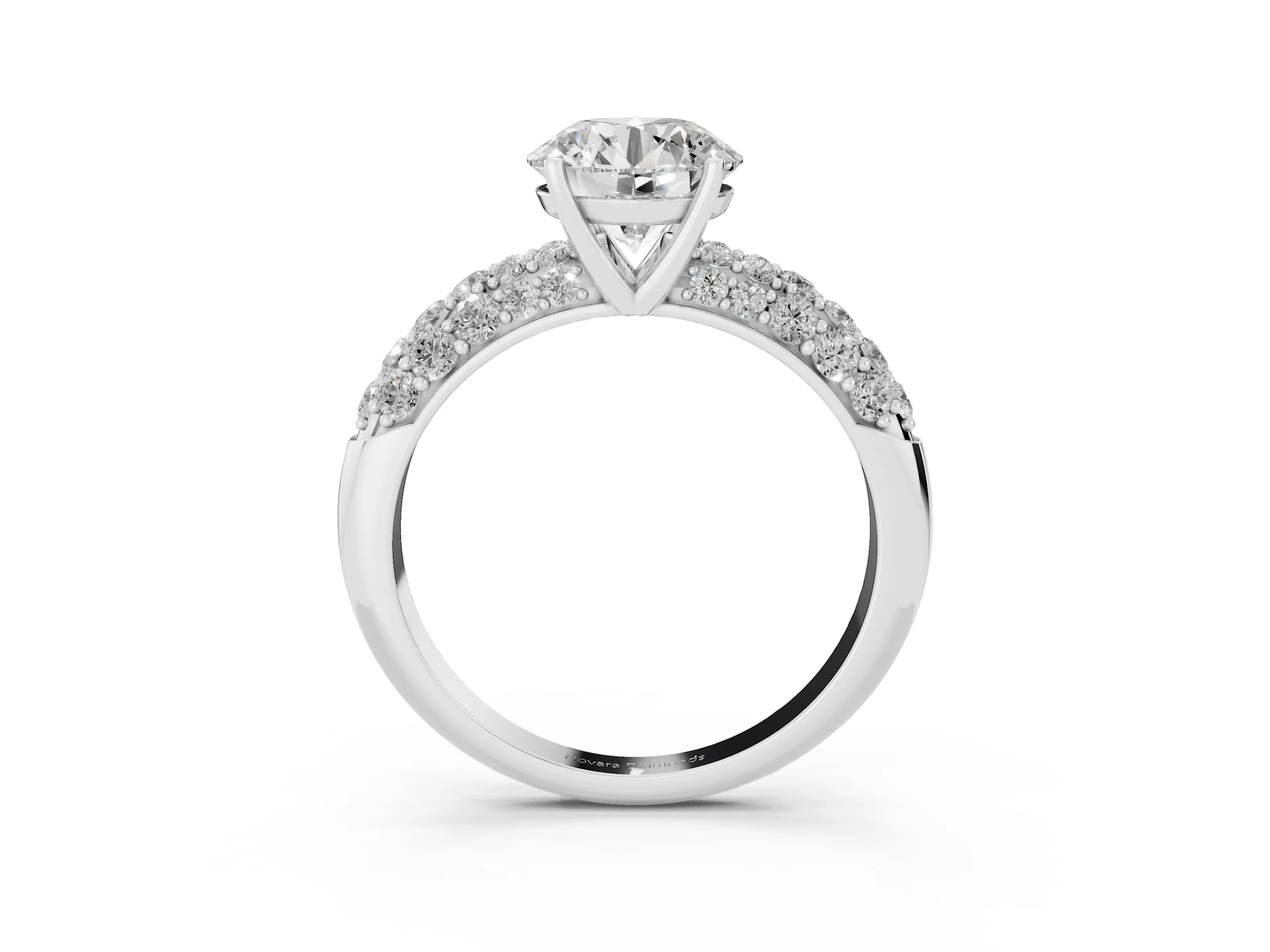 Round Cut Diamond Pavé Band Solitaire Ring Set in White gold with Close-Set Accent Stones and Prong Setting