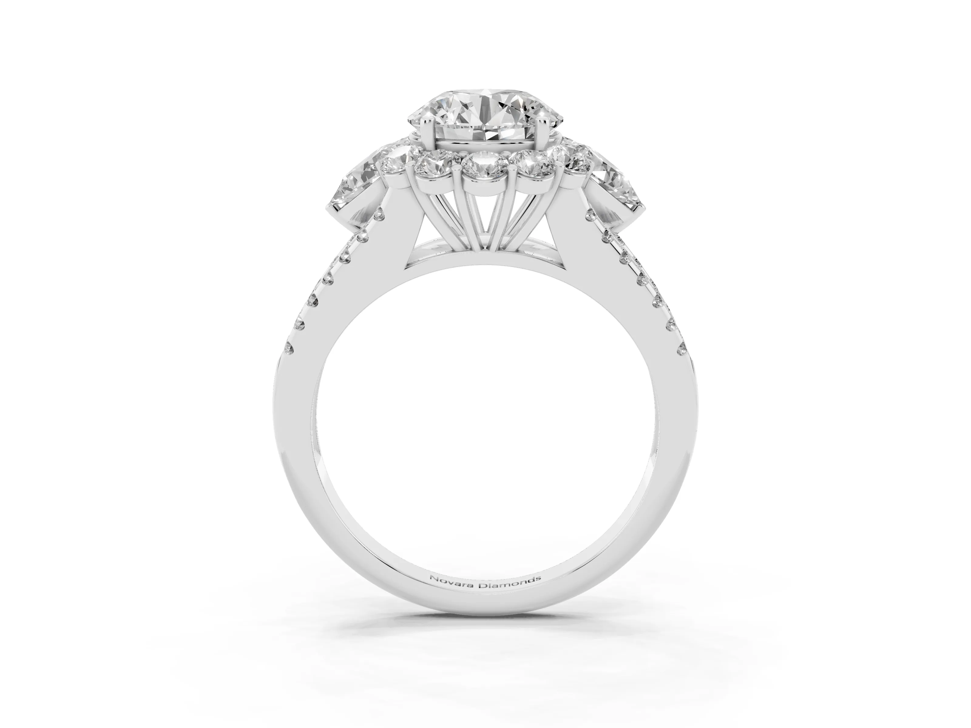 Round Cut Diamond Halo Split Shank Engagement Ring Set in Silver with Prong-Held Center Stone