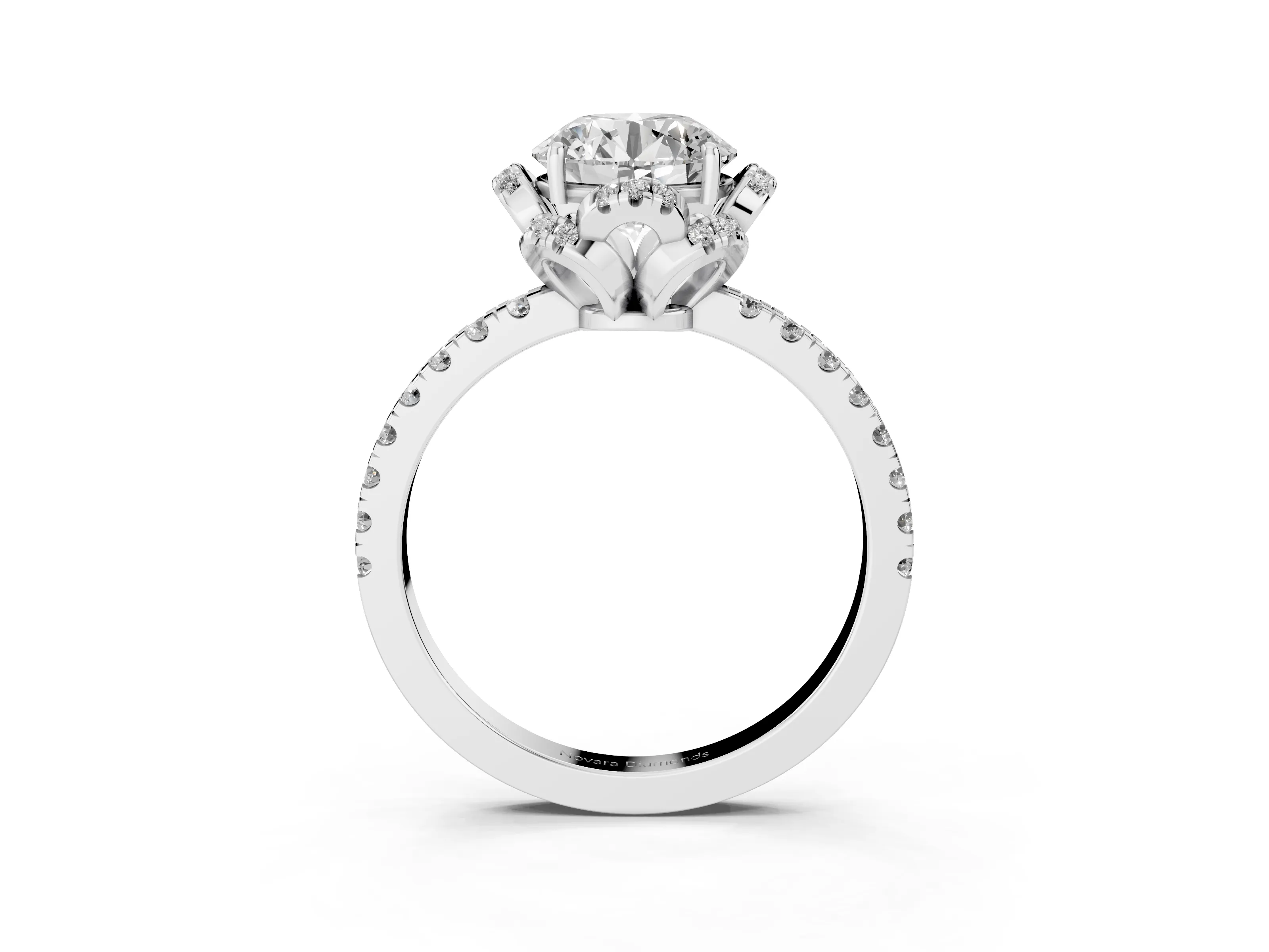 Round Cut Diamond Halo Pavé Band Ring Set in White gold with Prong-Held Center