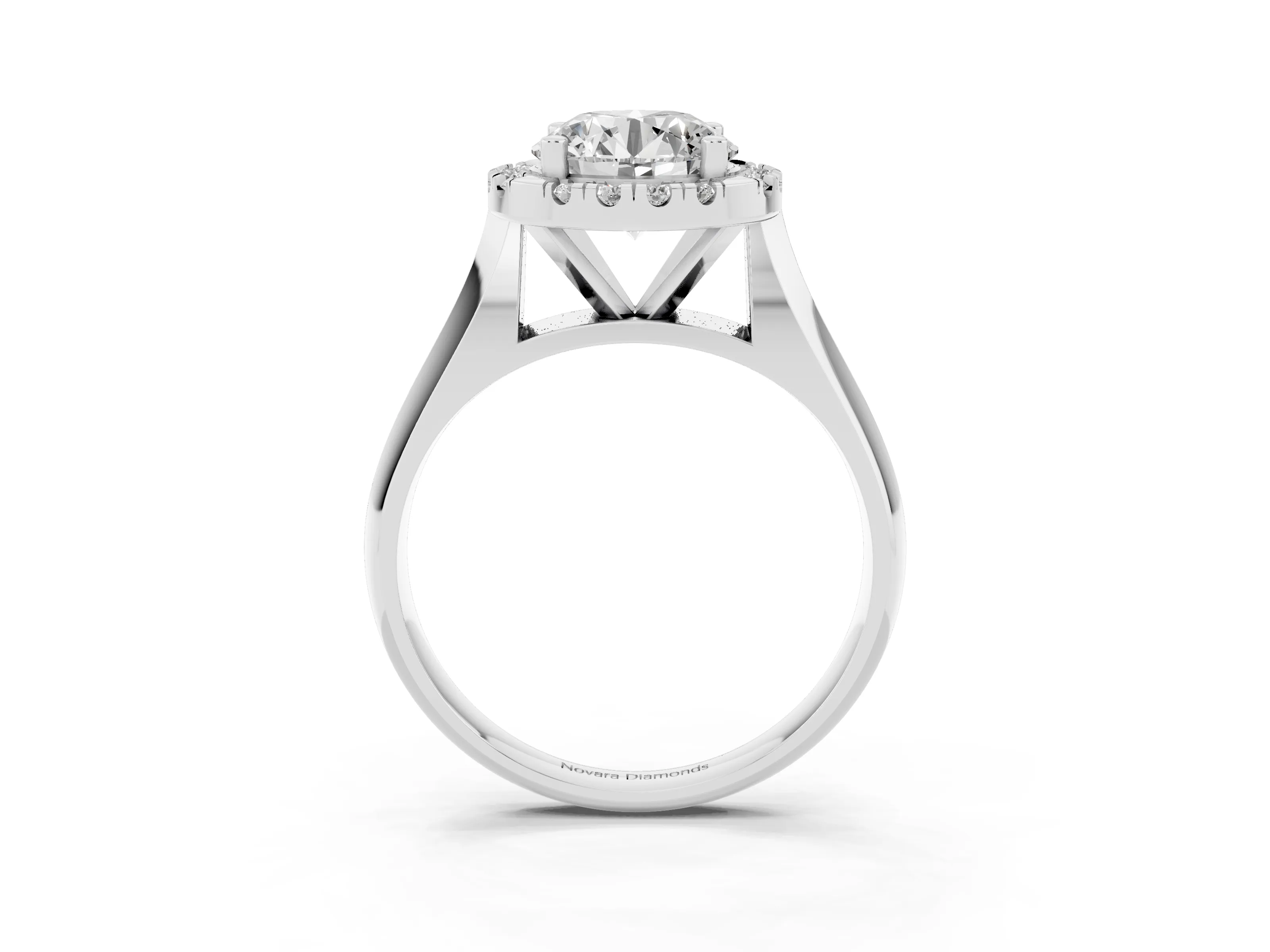 Round Cut Diamond Halo Solitaire Engagement Ring Set in Platinum with Square Band and Prong Setting