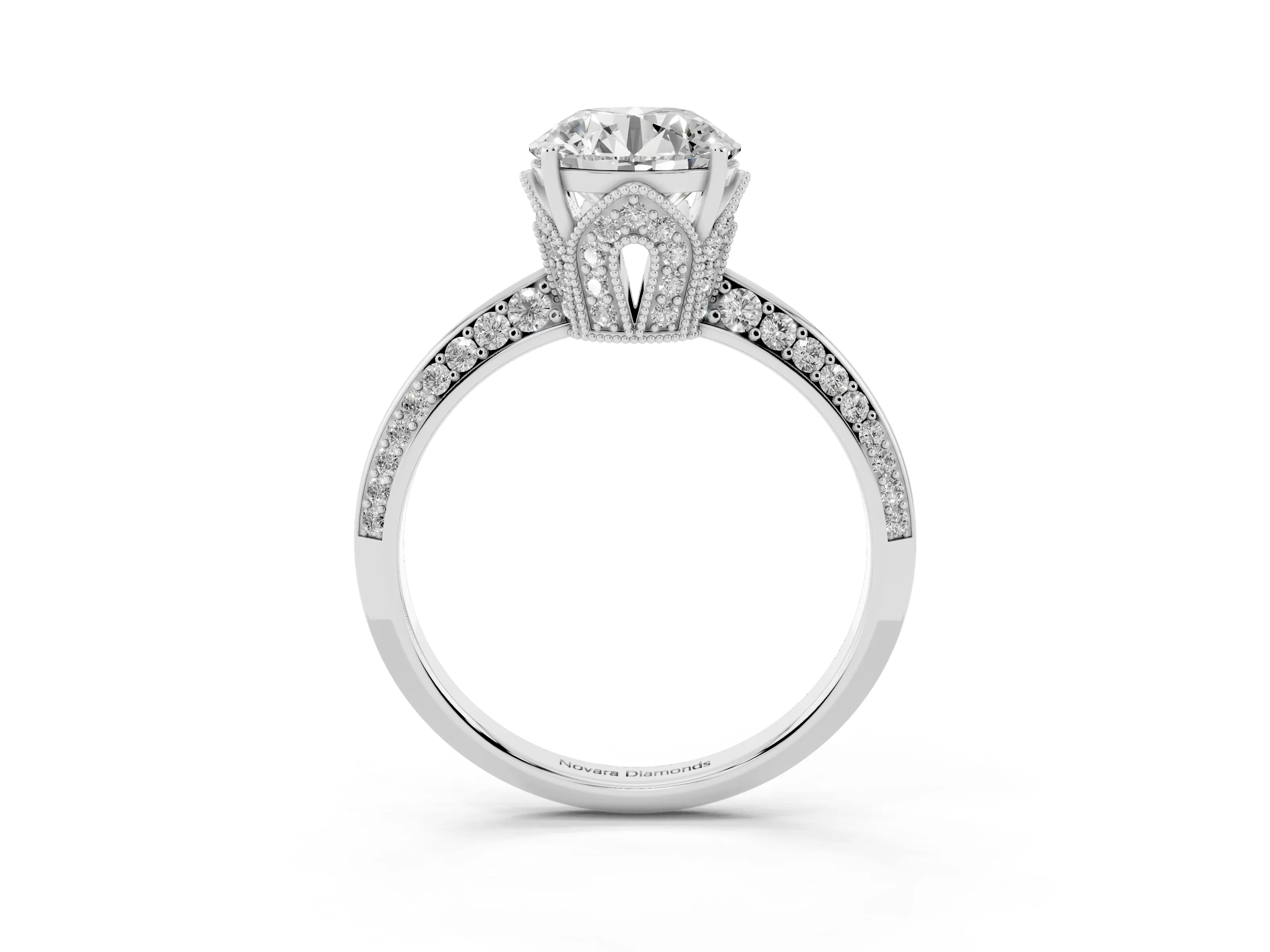 Round Cut Diamond Solitaire Engagement Ring Set in Silver with Pavé Split Shank and Prong Setting