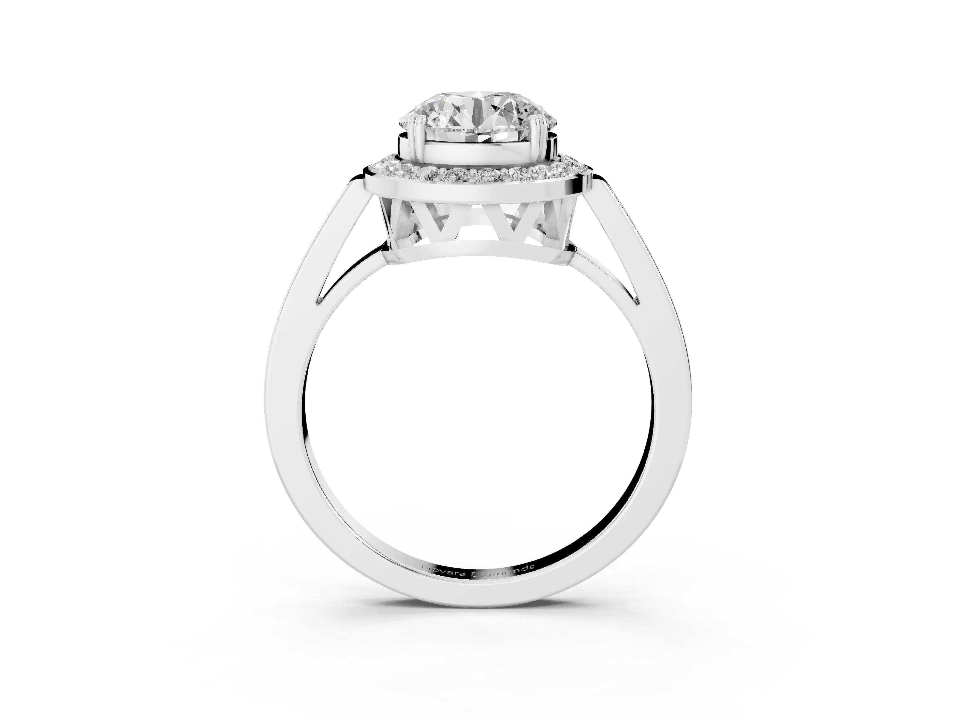 Round Cut Diamond Halo Ring Set in Platinum with Accent-Lined Split Shank and Prong Setting