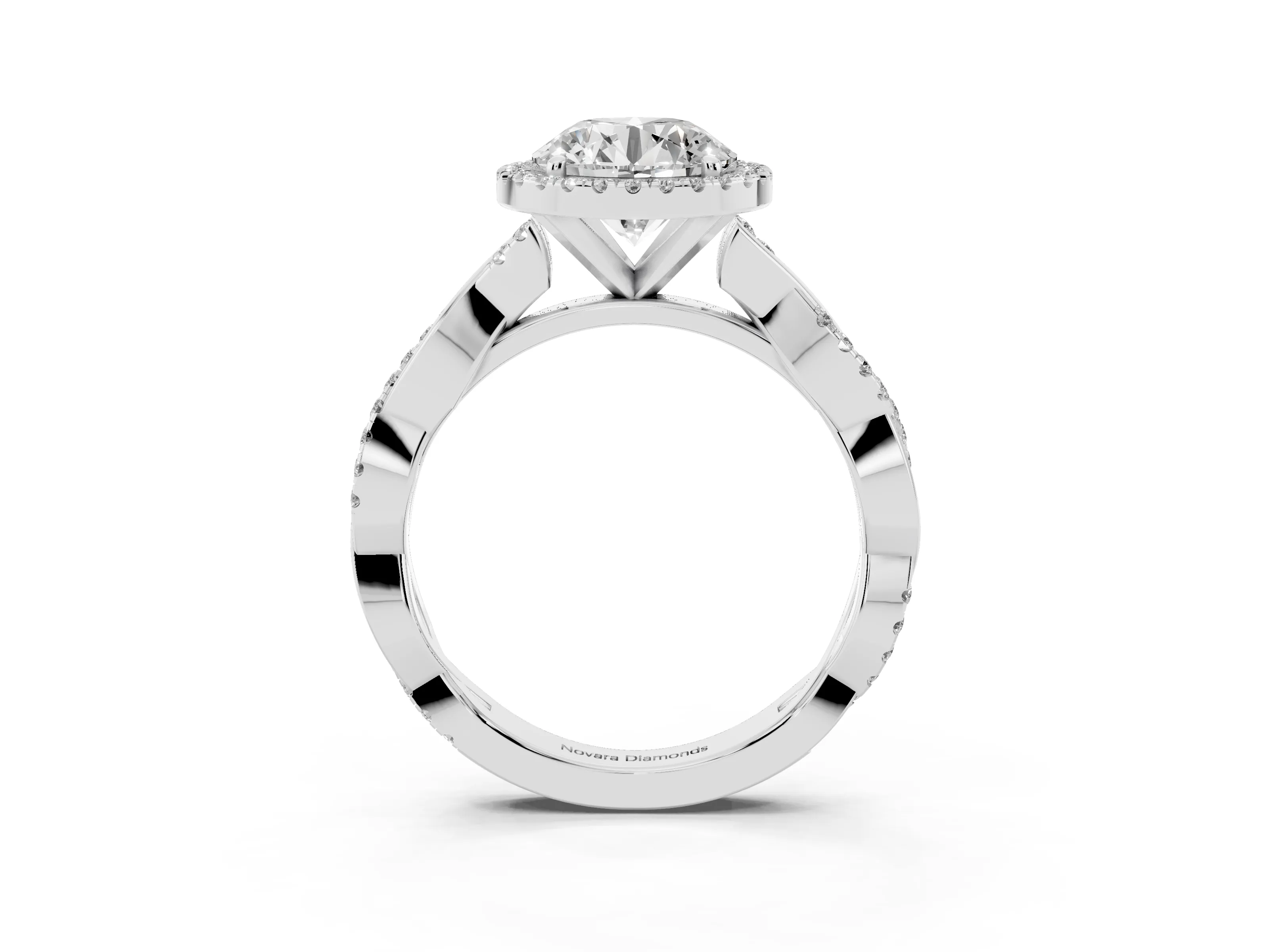Round Cut Diamond Halo Twisted Band Ring Set in White gold with Prong Setting