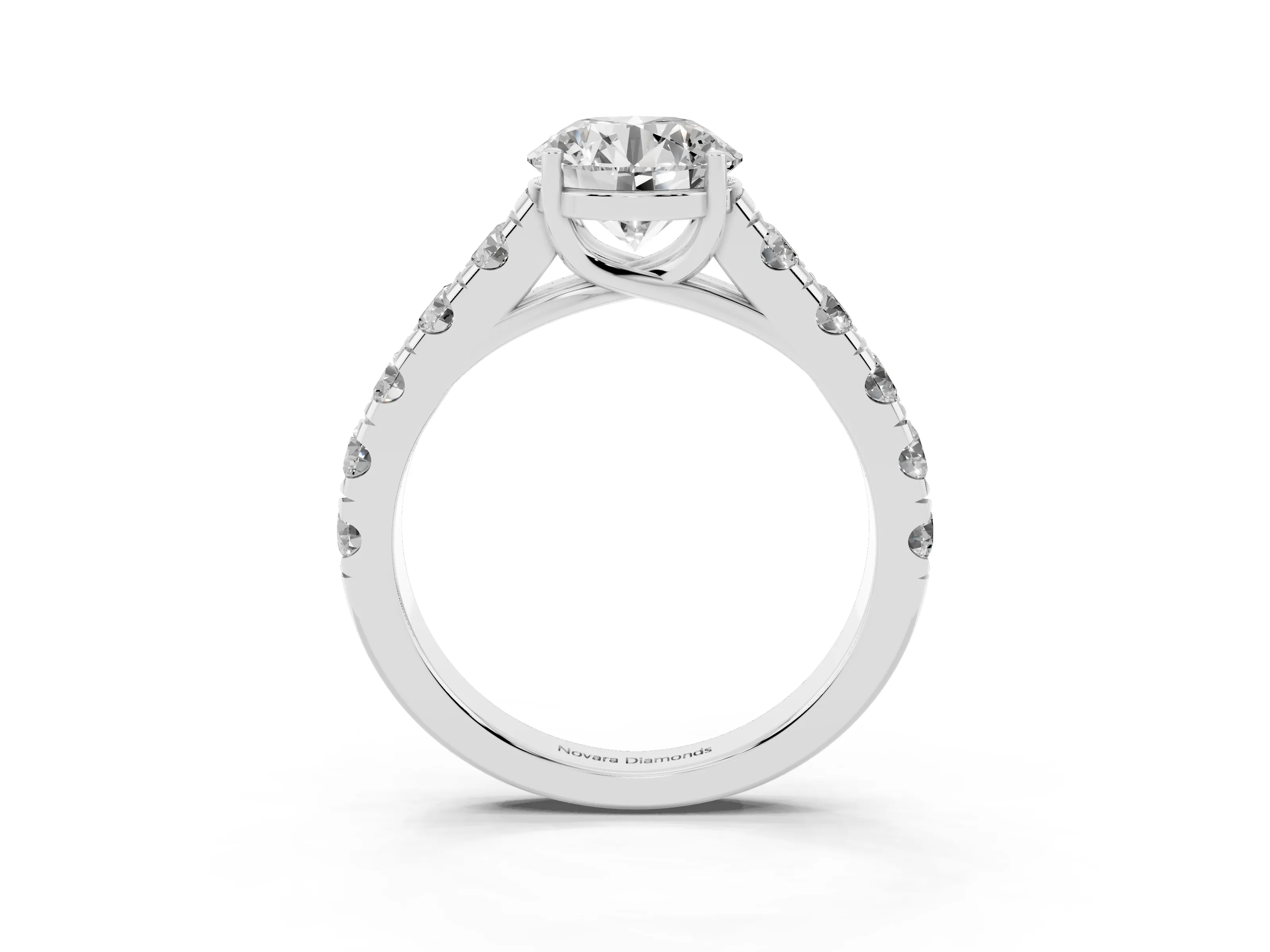 Round Cut Diamond Solitaire Ring Set in White gold with Cut-Down Micro Pavé Band and Prong Setting