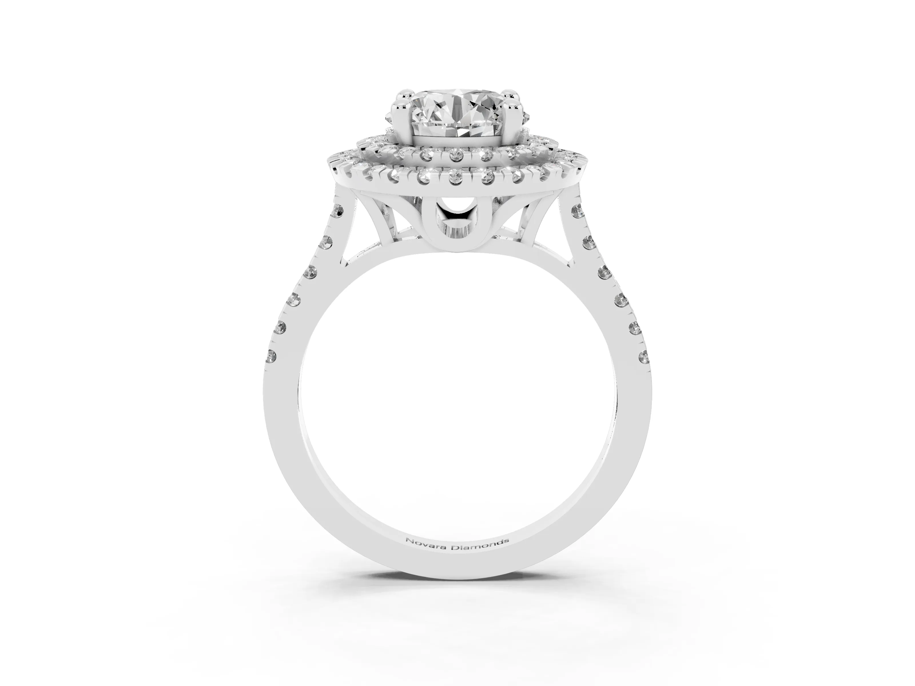 Round Cut Diamond Double Halo Statement Ring Set in Silver with Pavé Band