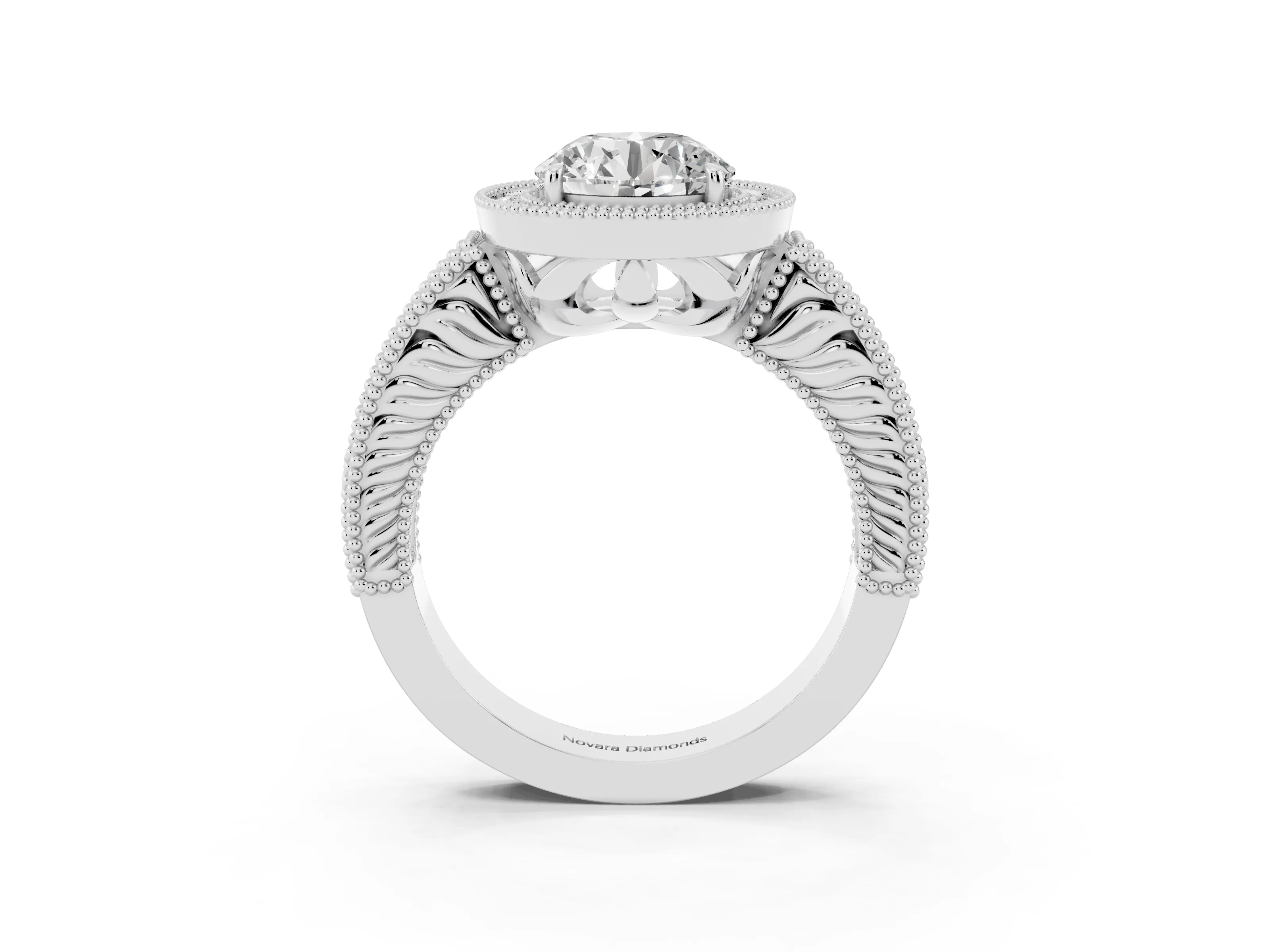 Round Cut Diamond Halo Ring Set in White gold with Round Accent Halo, Pavé Band and Prong Setting