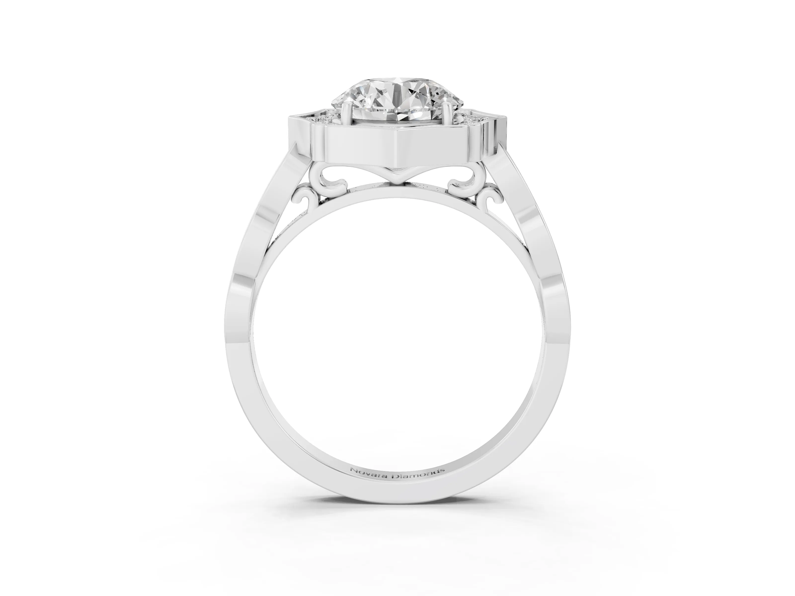 Round Cut Diamond Halo Engagement Ring Set in Platinum with Milgrain Band and Prong Setting