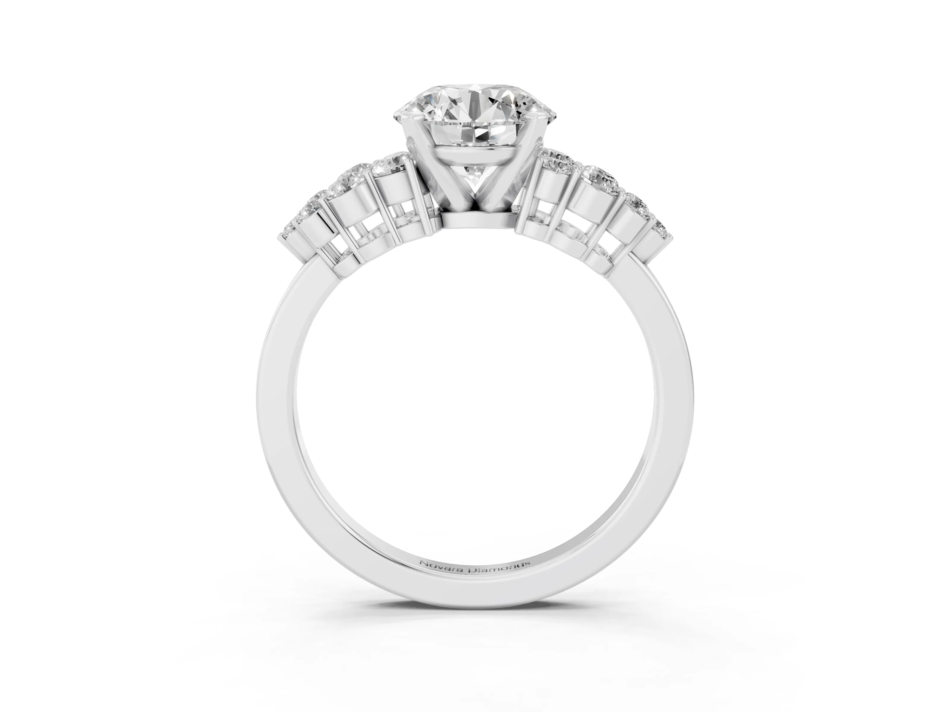 Round Cut Diamond Cluster Engagement Ring Set in White gold with Pavé Band and Prong Setting