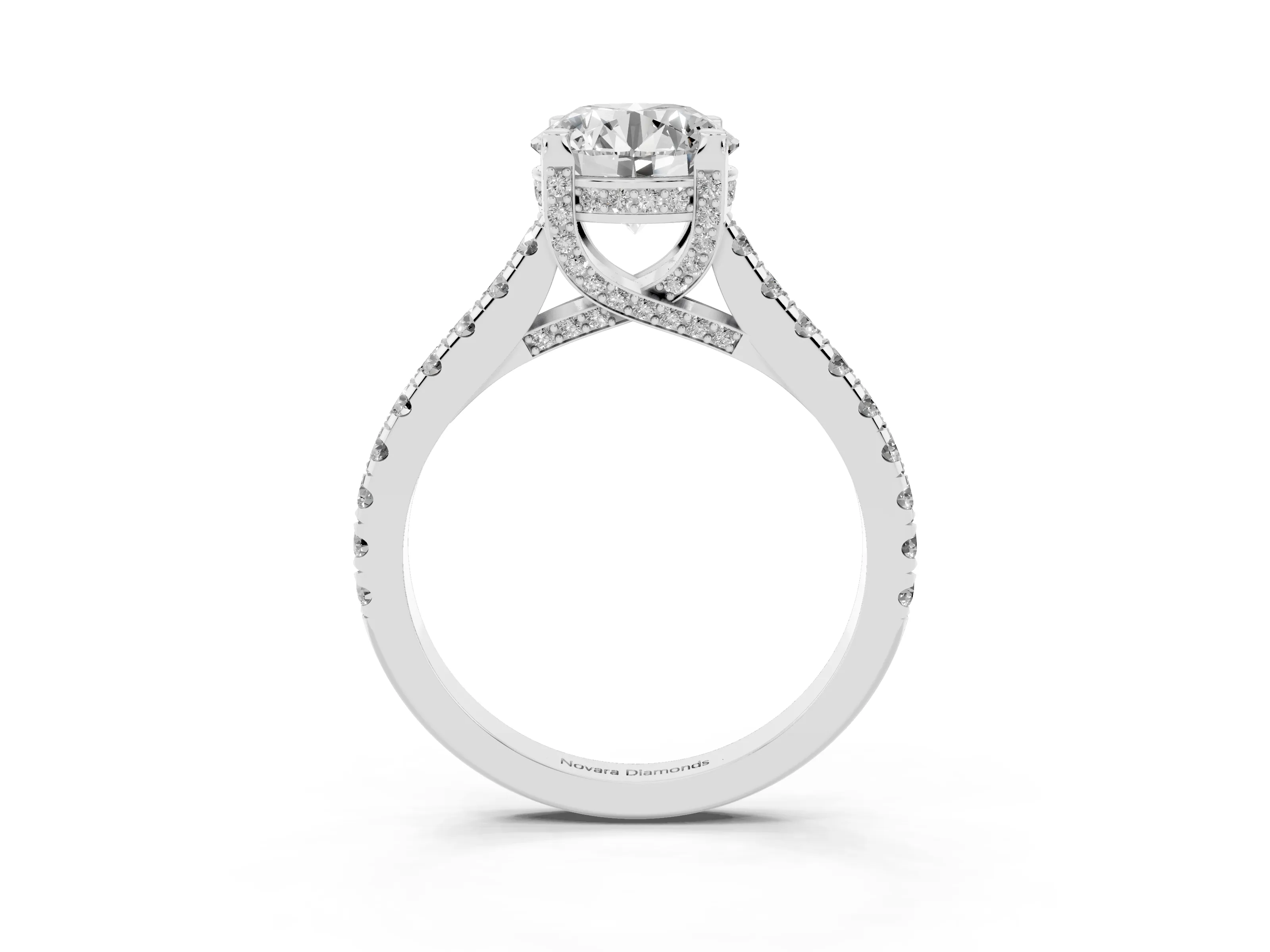 Round Cut Diamond Solitaire Ring Set in Platinum with Brilliant Pavé Band and Prong Setting