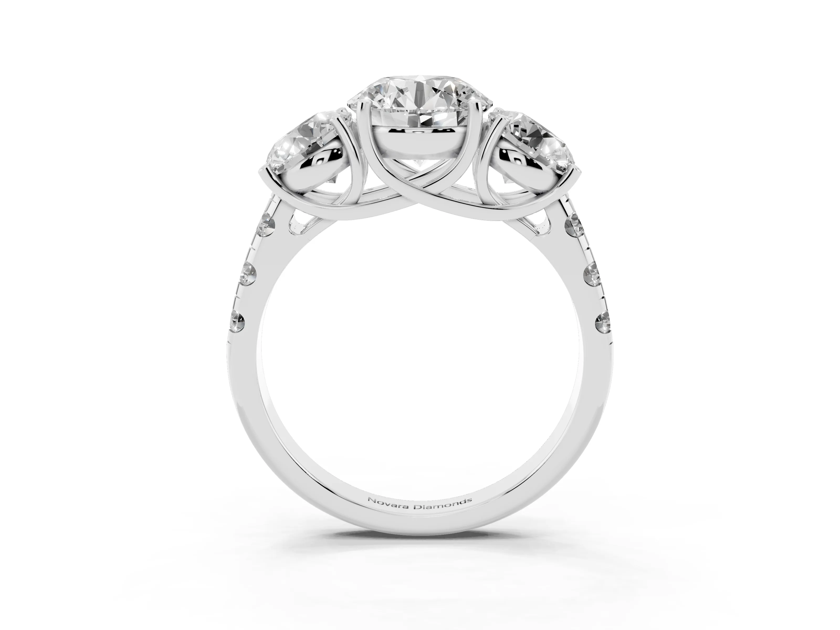 Round Cut Diamond Three-Stone Ring Set in White gold with Pavé Band