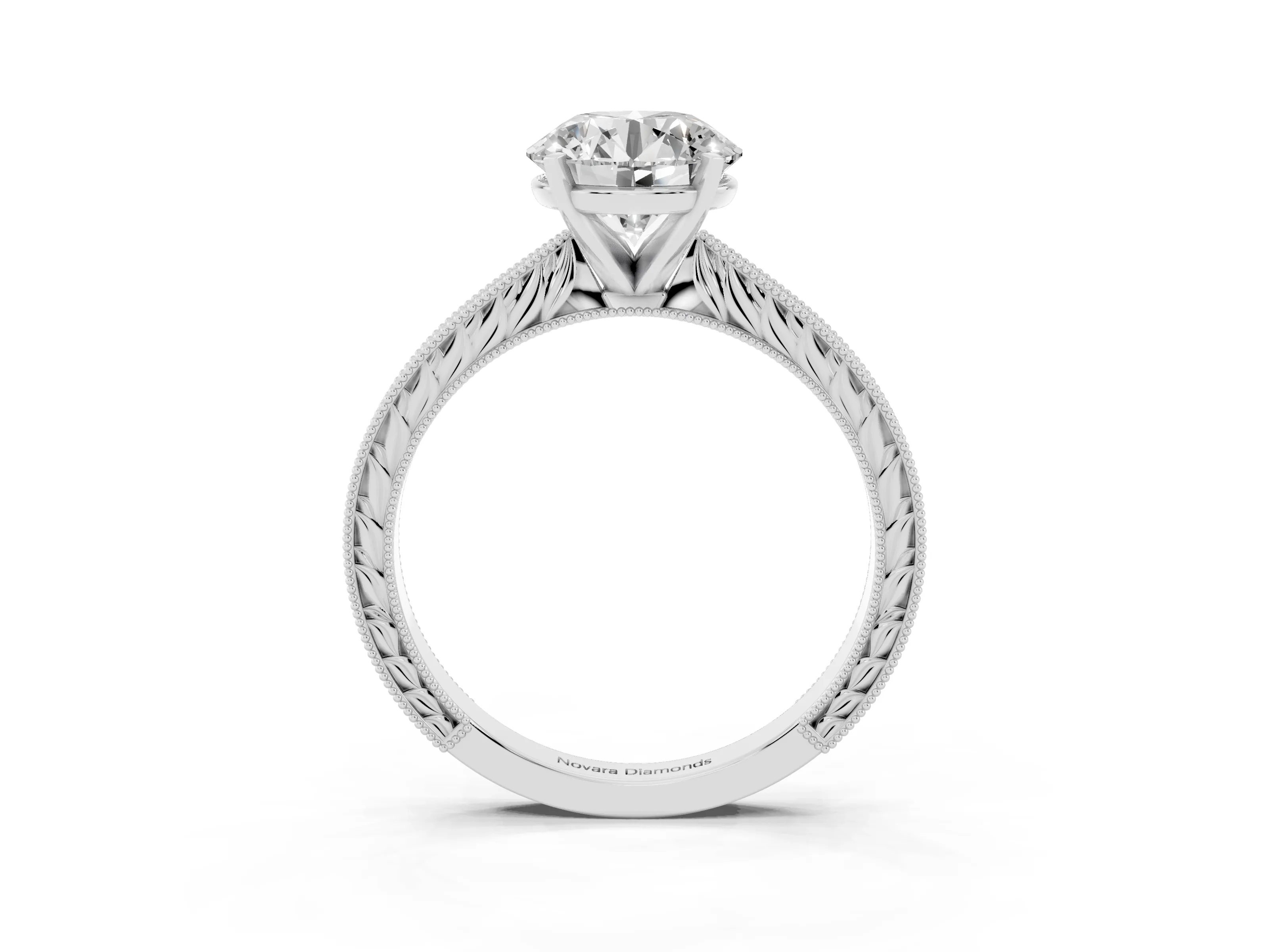 Round Cut Diamond Solitaire Milgrain Engraved Band Set in Platinum with Prong Setting