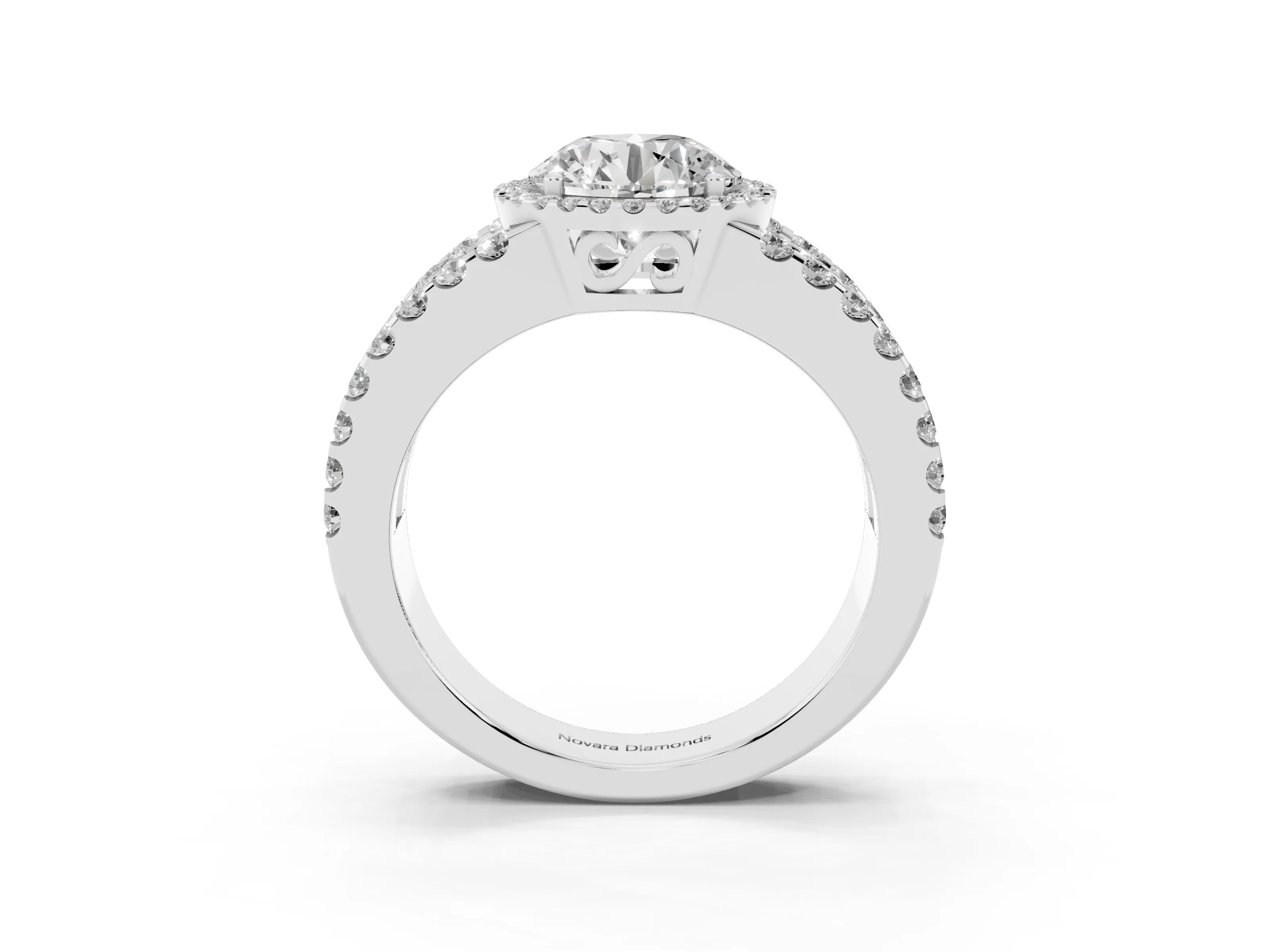 Round Cut Diamond Halo Ring Set in White gold with Pavé Split Shank and Prong Setting