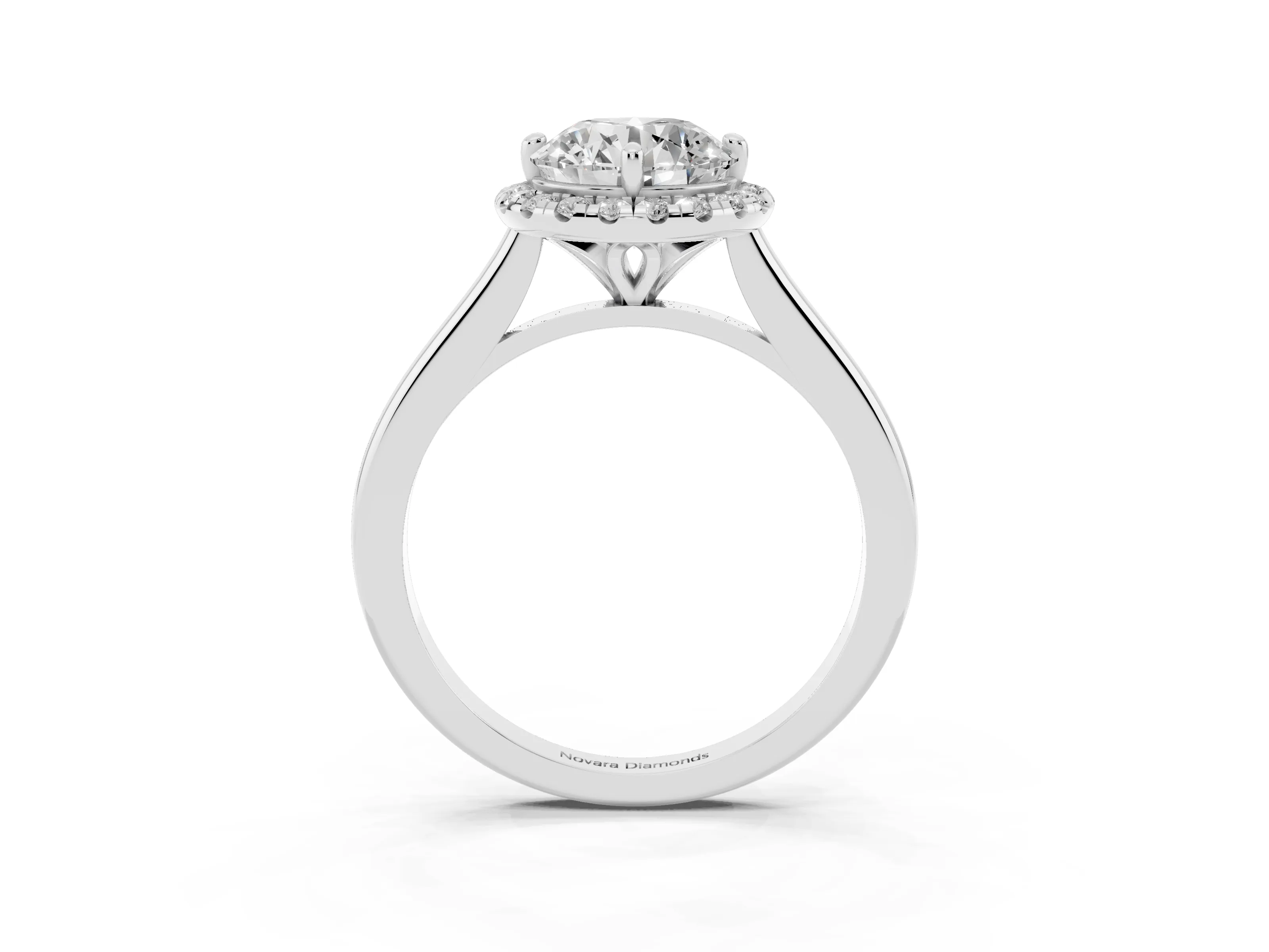 Round Cut Diamond Halo Engagement Ring Set in Platinum with Pavé Band and Rising Shoulders