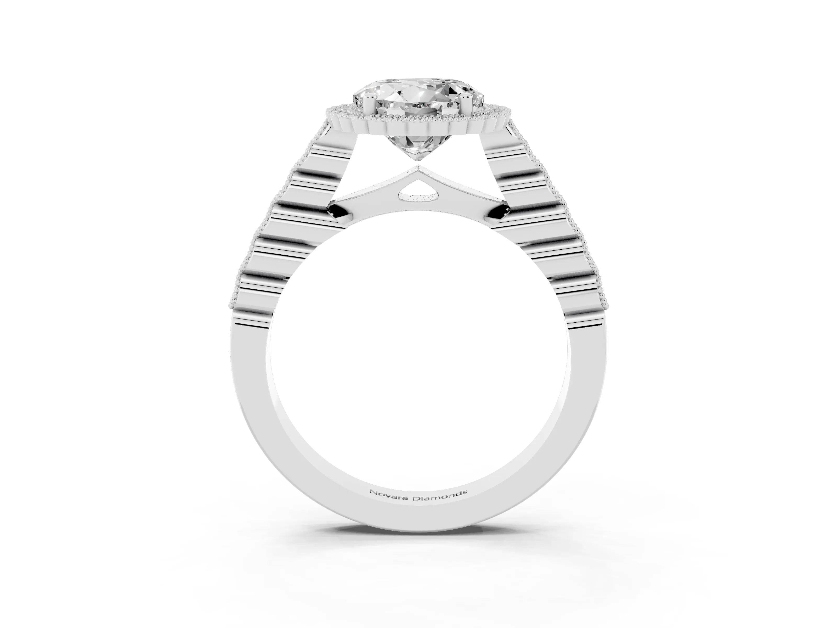 Round Cut Diamond Halo Ring Set in White gold with Pavé Milgrain Band