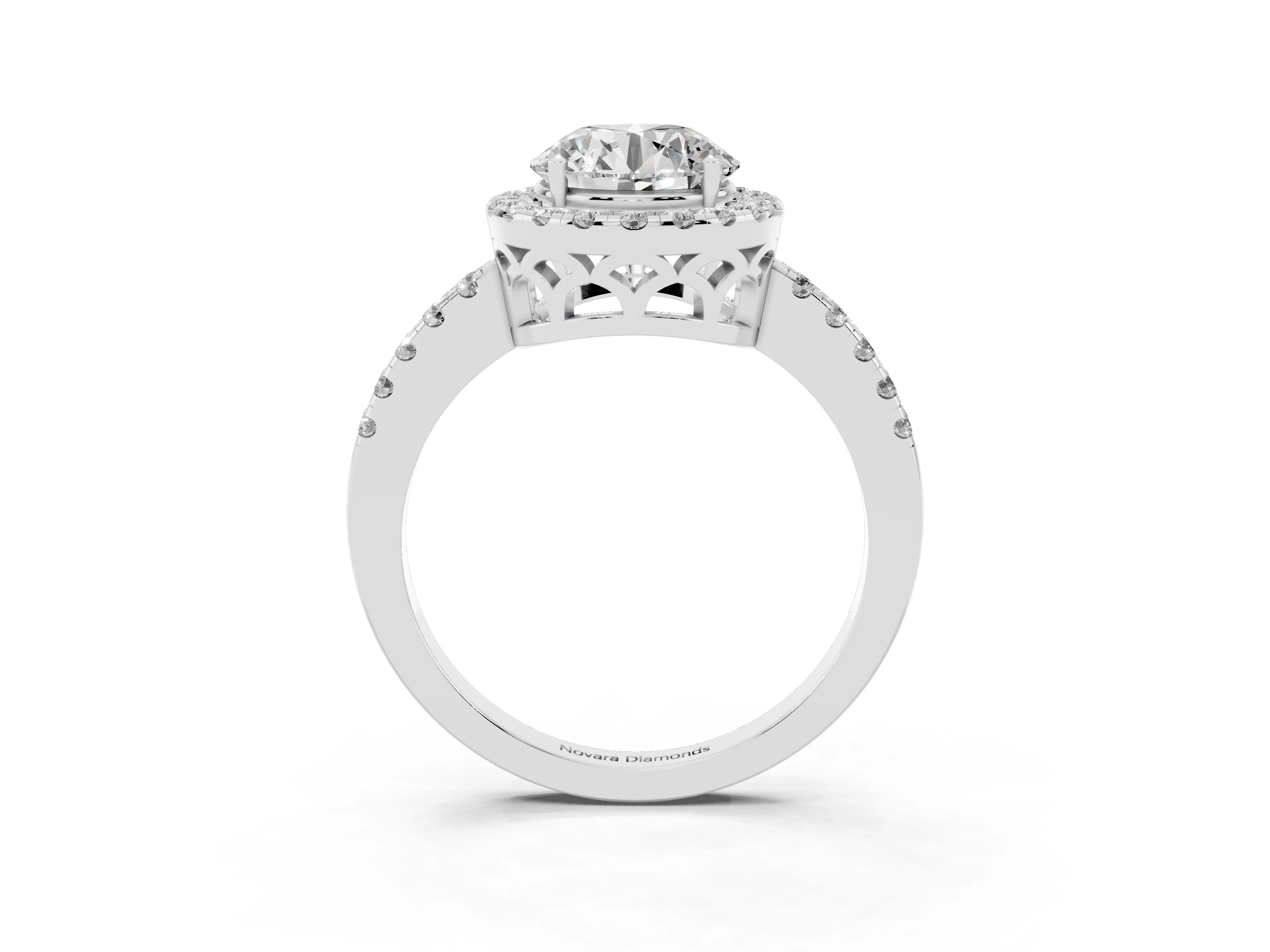 Round Cut Diamond Pavé Band Halo Engagement Ring Set in White gold with Prong Setting