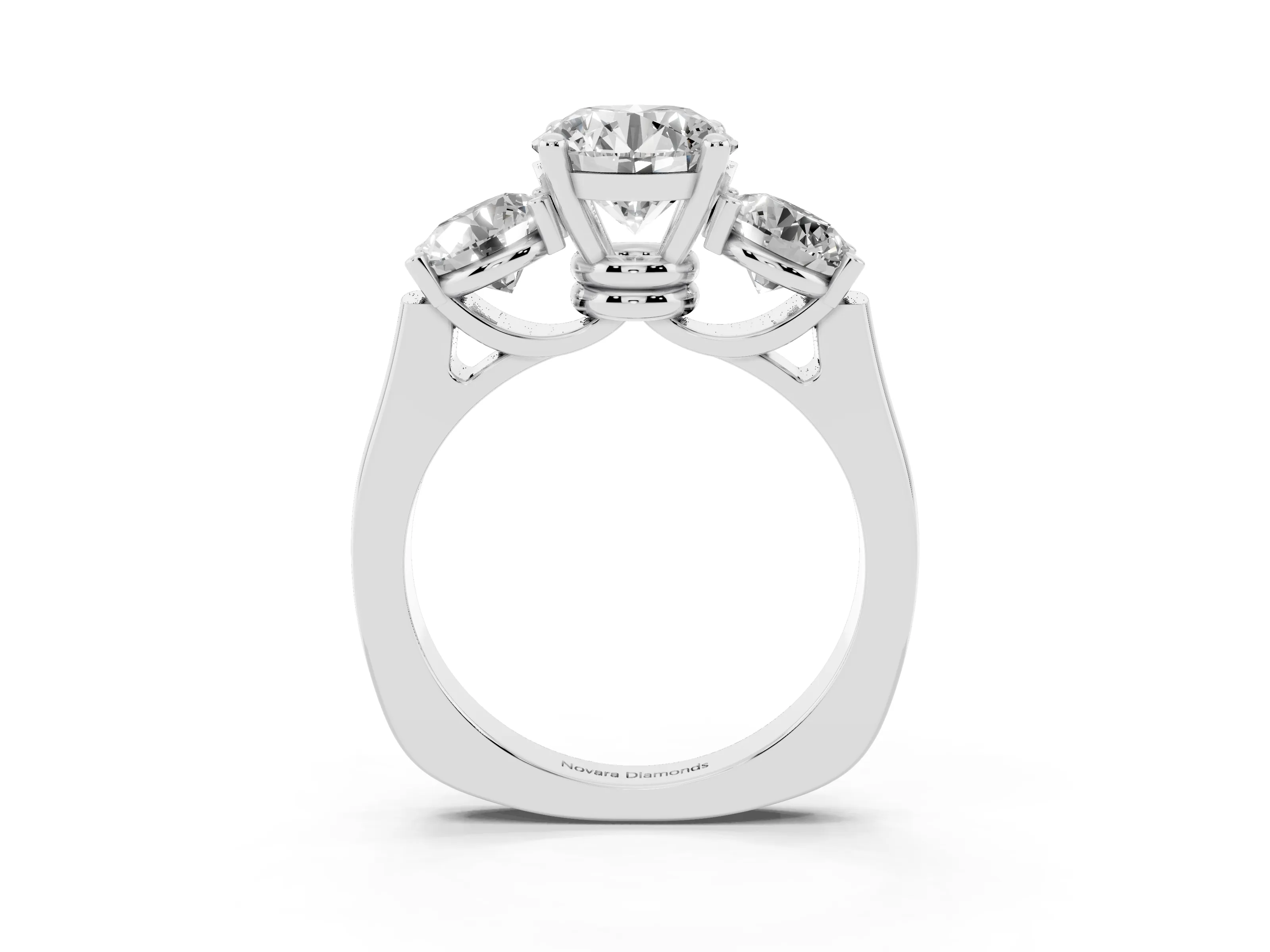 Round Cut Diamond Three-Stone Trellis Ring Set in White gold with Comfort Fit Band
