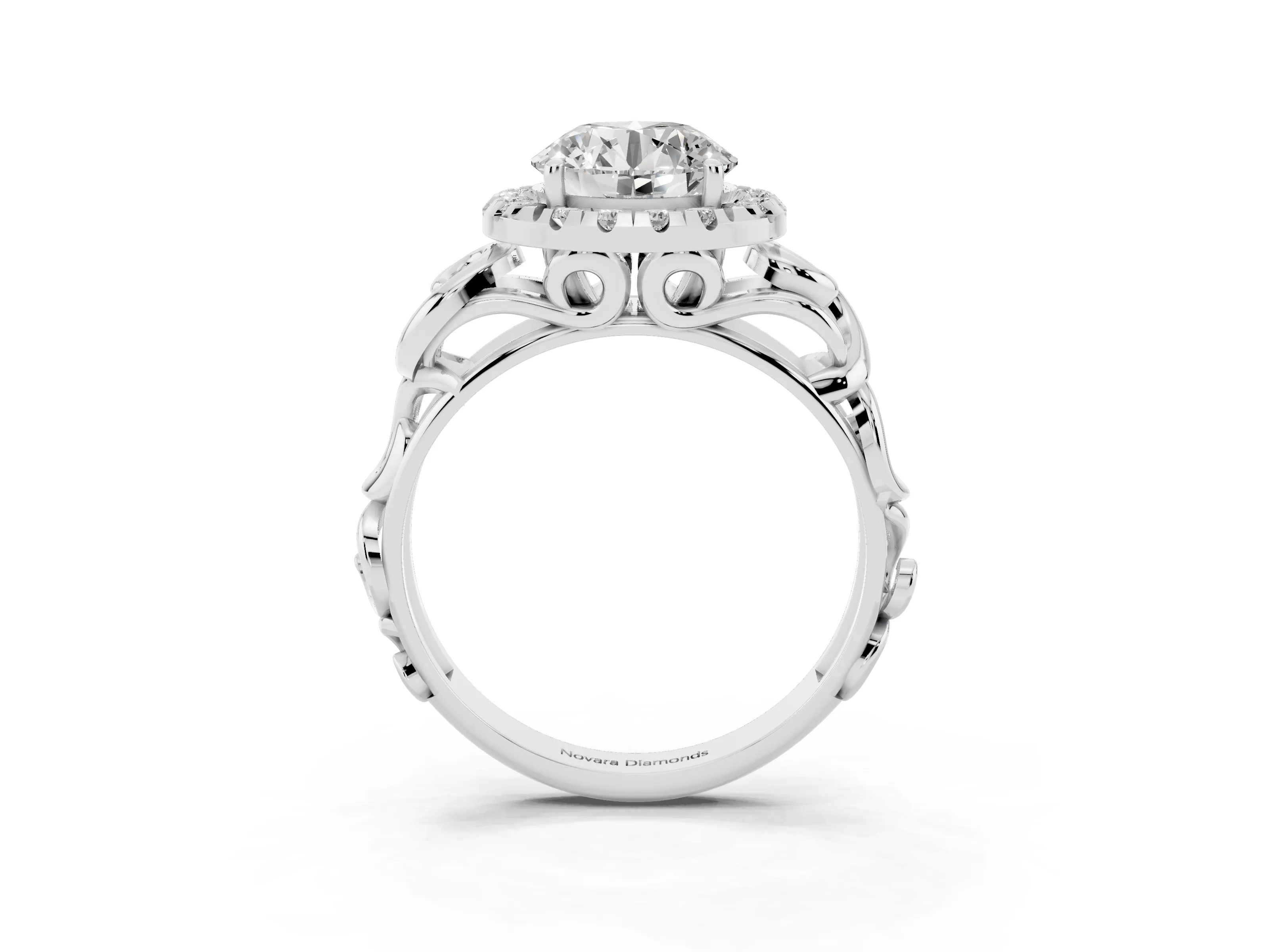 Round Cut Diamond Halo Ring Set in Platinum with Scrollwork Band and Prong Setting