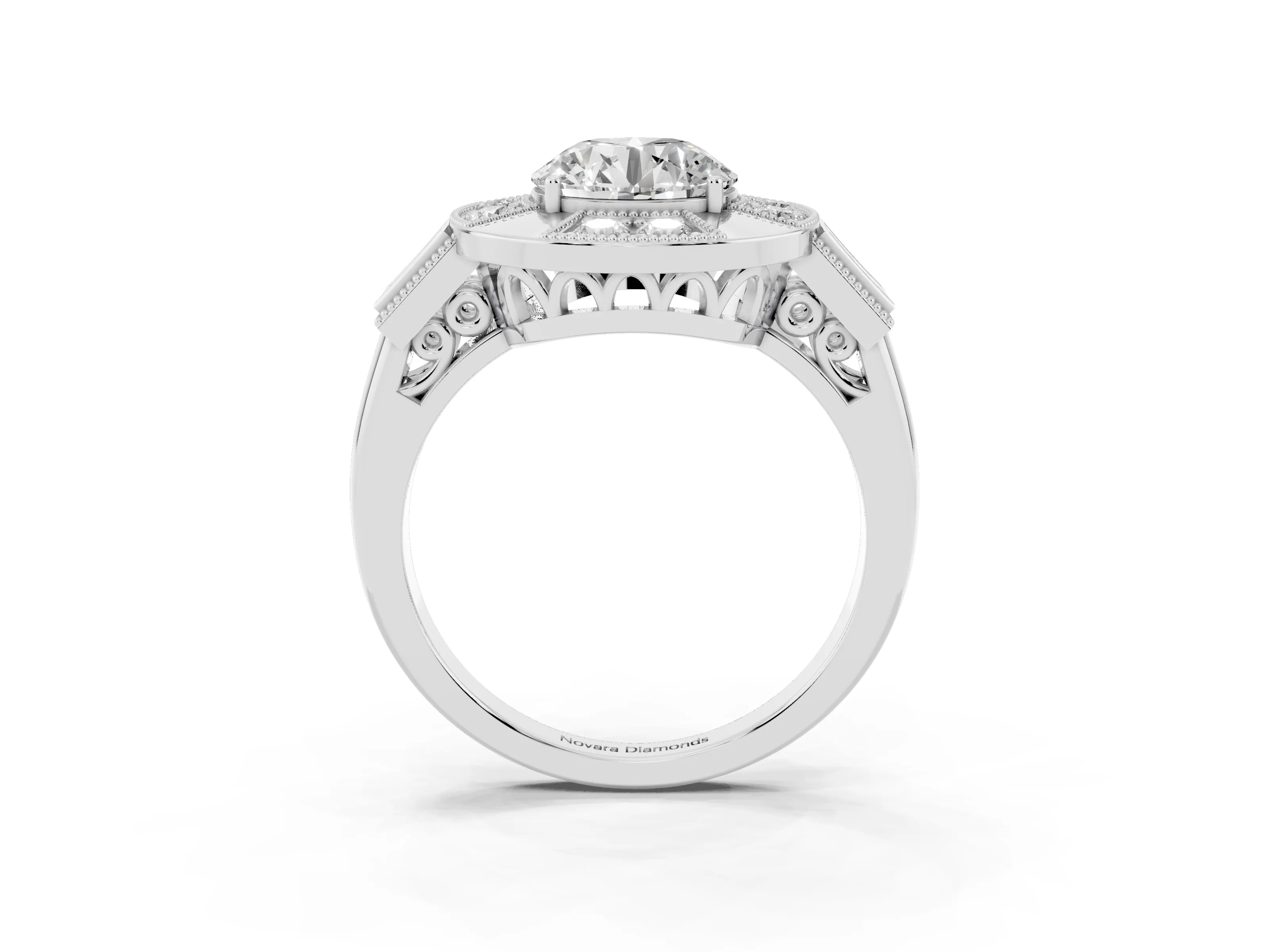 Round Cut Diamond Milgrain Halo Ring Set in Silver with Split Shank