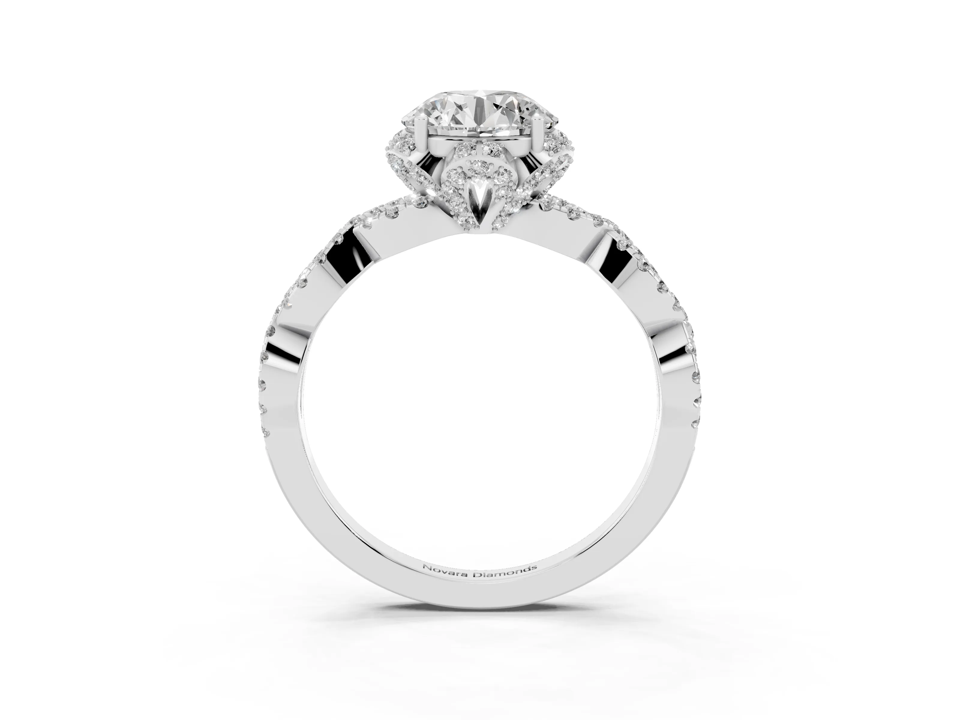 Round Cut Diamond Halo Twist Band Solitaire Ring Set in White gold with Prong-Set Center Stone