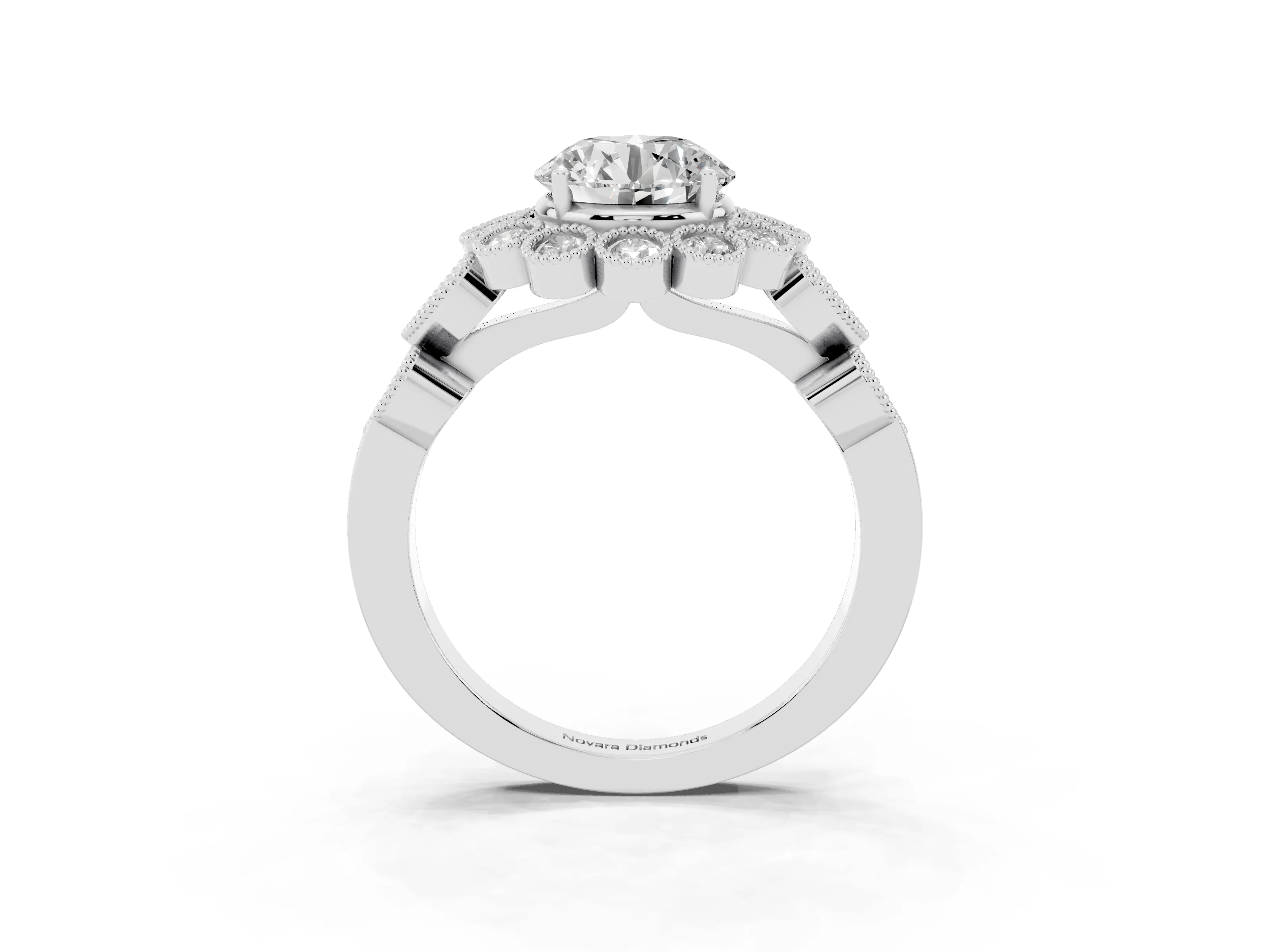 Round Cut Diamond Solitaire Ring Set in Silver with Milgrain Pavé Heart Band