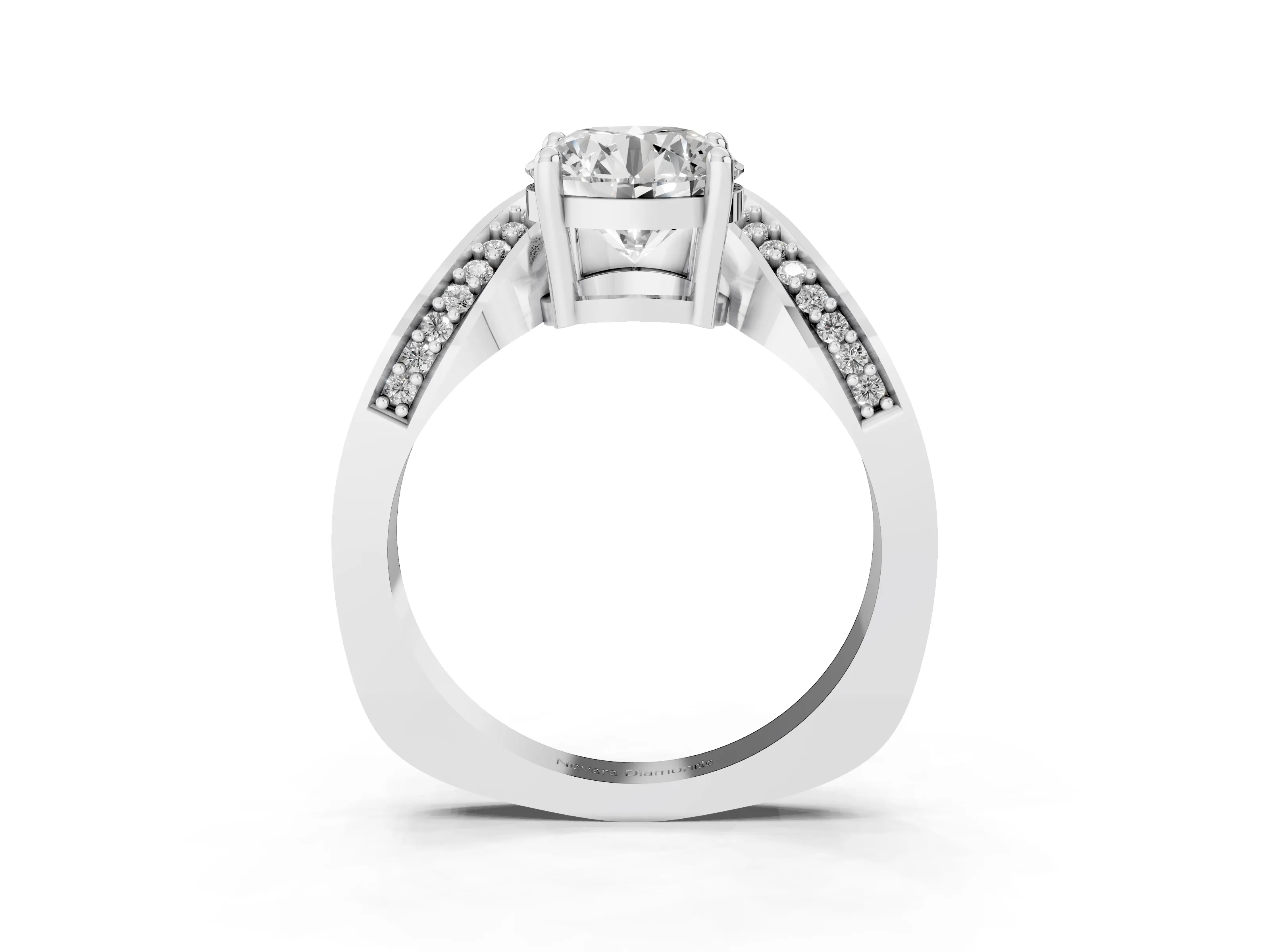 Round Cut Diamond Solitaire Engagement Ring Set in Silver with Pavé Shoulders