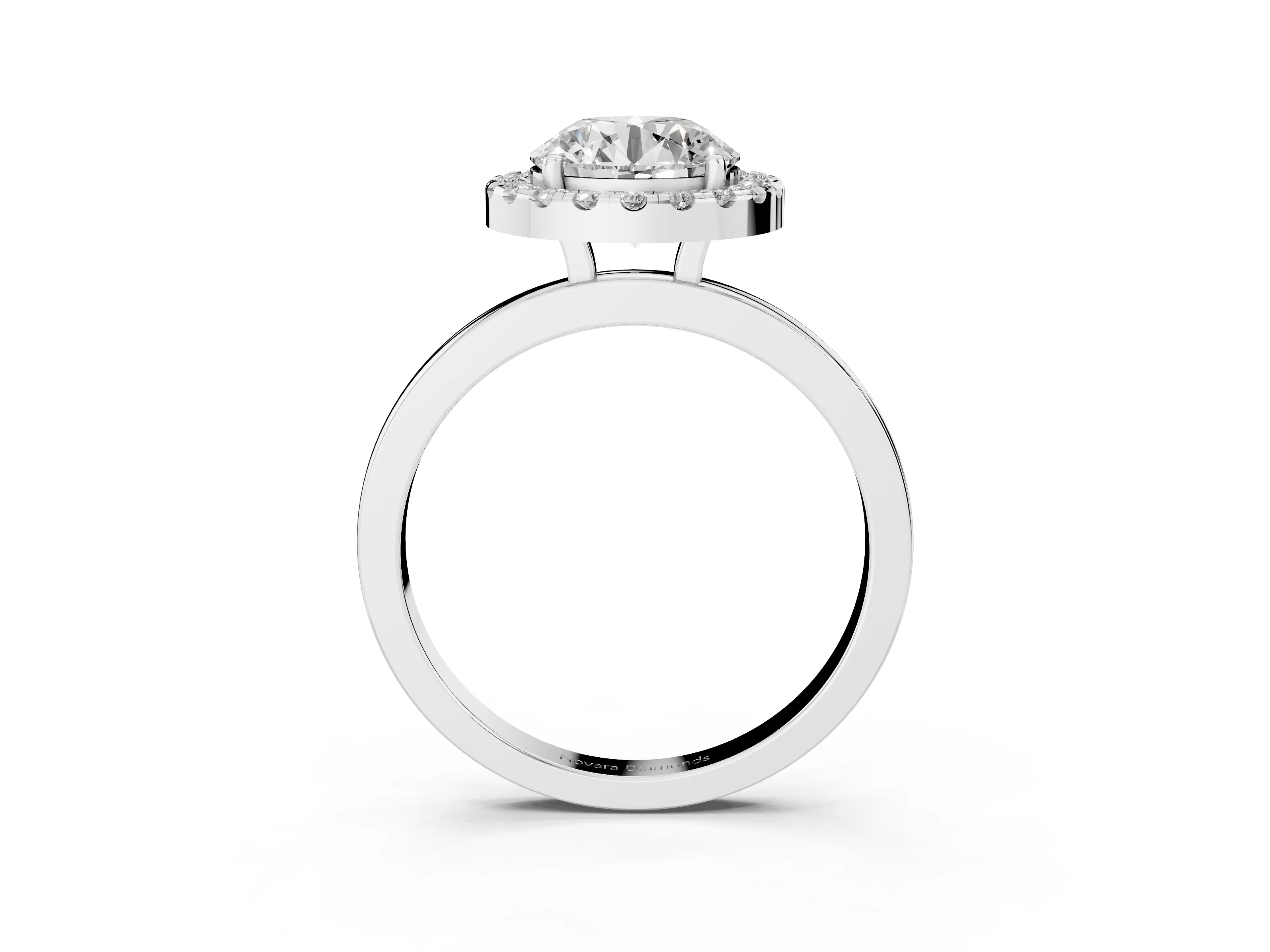 Round Cut Diamond Halo Solitaire Ring Set in White gold with Pavé Band and Prong Setting