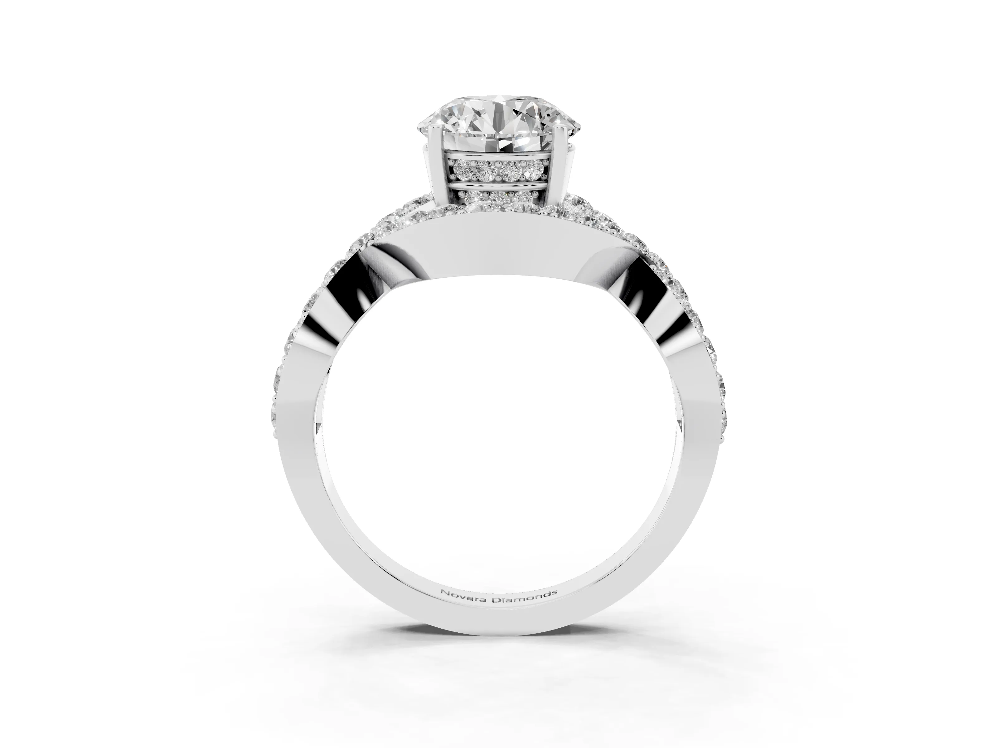 Round Cut Diamond Solitaire Twist Band Pavé Engagement Ring Set in White gold