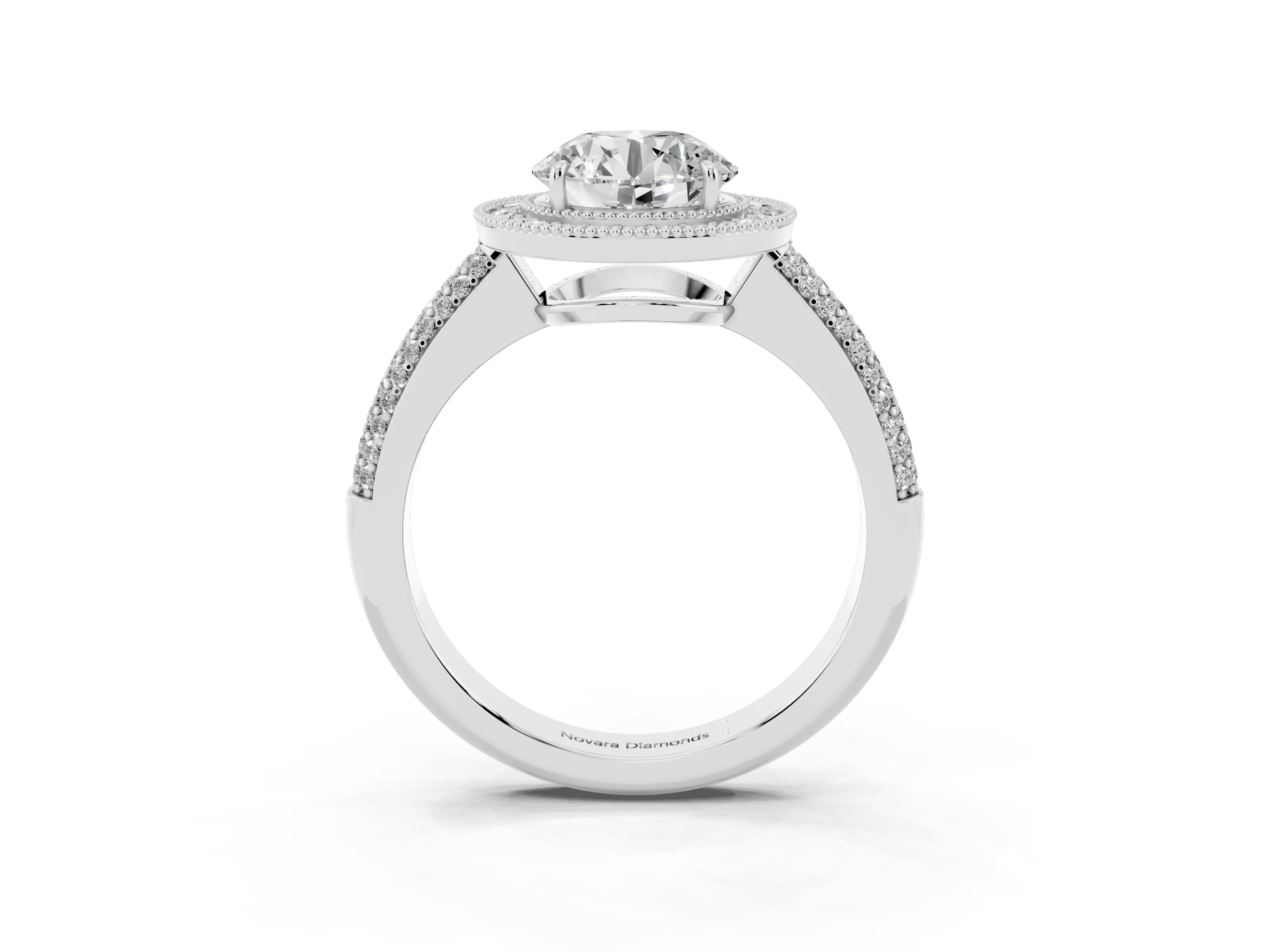 Round Cut Diamond Halo Pavé Band Set in Silver with Prong Setting