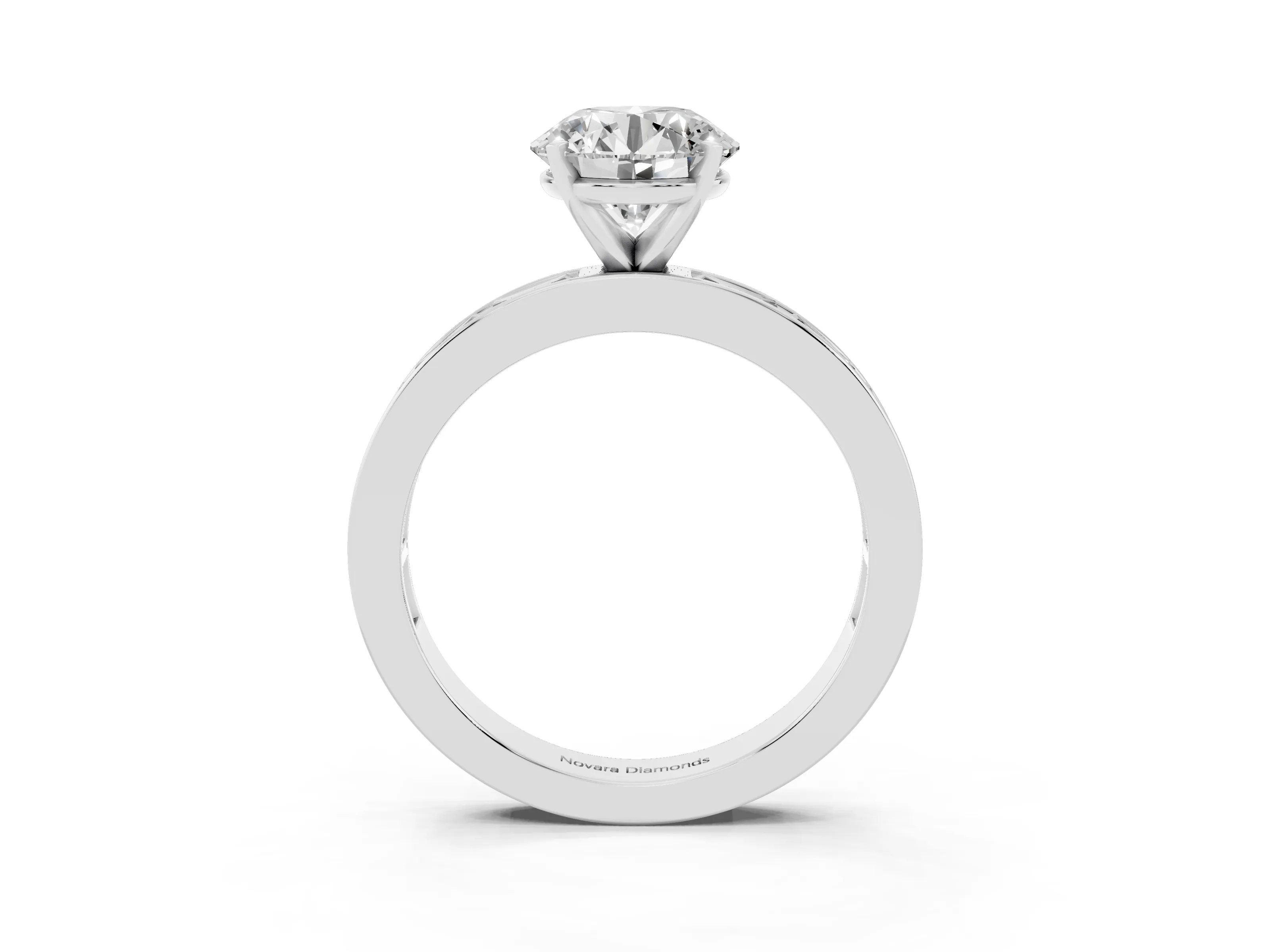 Round Cut Diamond Solitaire Ring Set in White gold with Channel-Set Baguette Band and Prong Setting